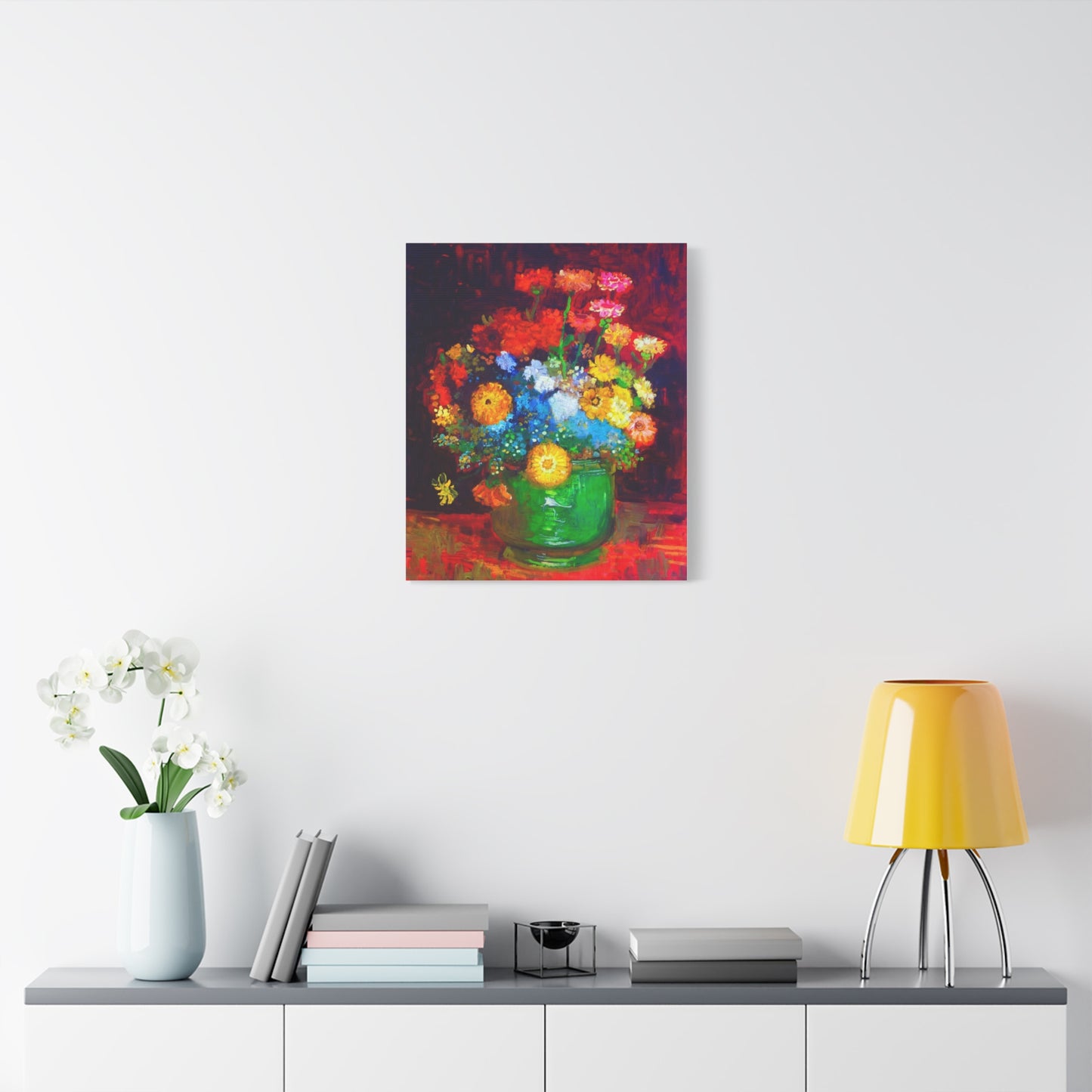 Floral Still Life Canvas Print — Vibrant Bouquet in Green Vase