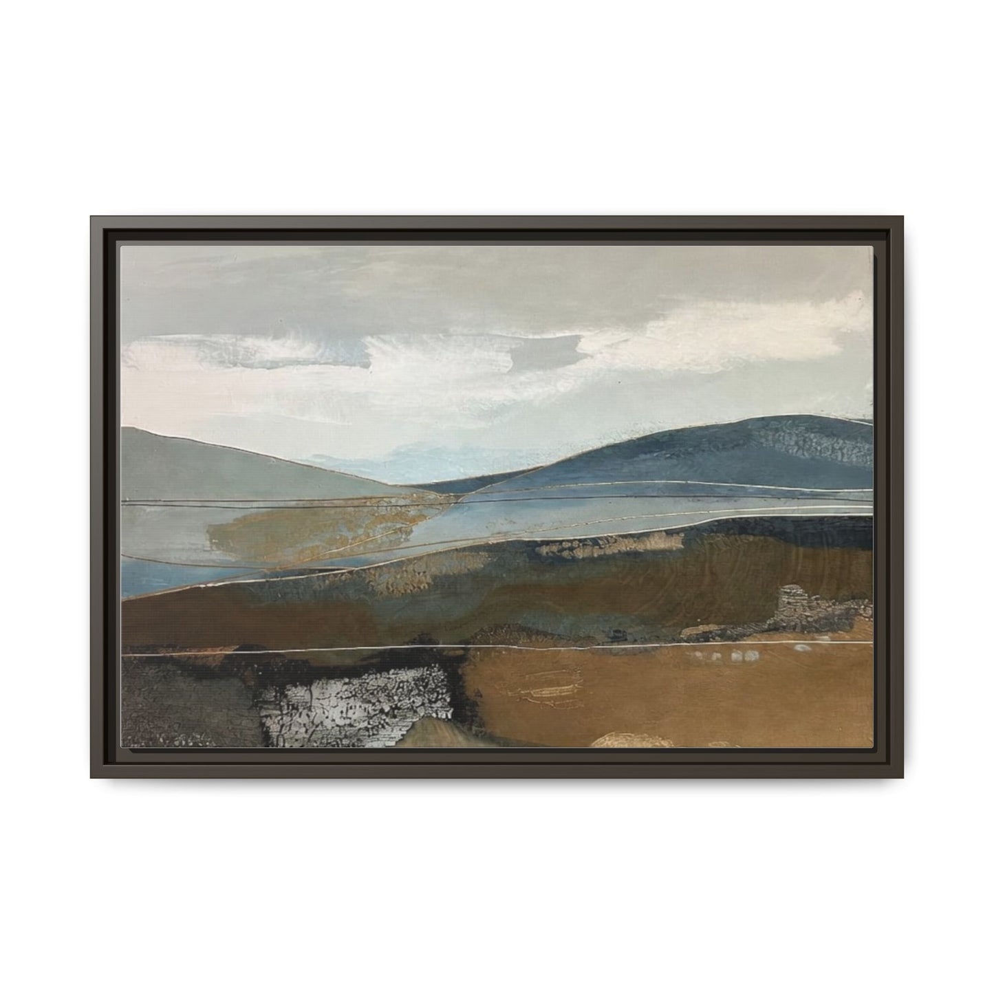 Framed Matte Canvas Landscape Art - Serene Abstract Hills in Blue & Earth Tones