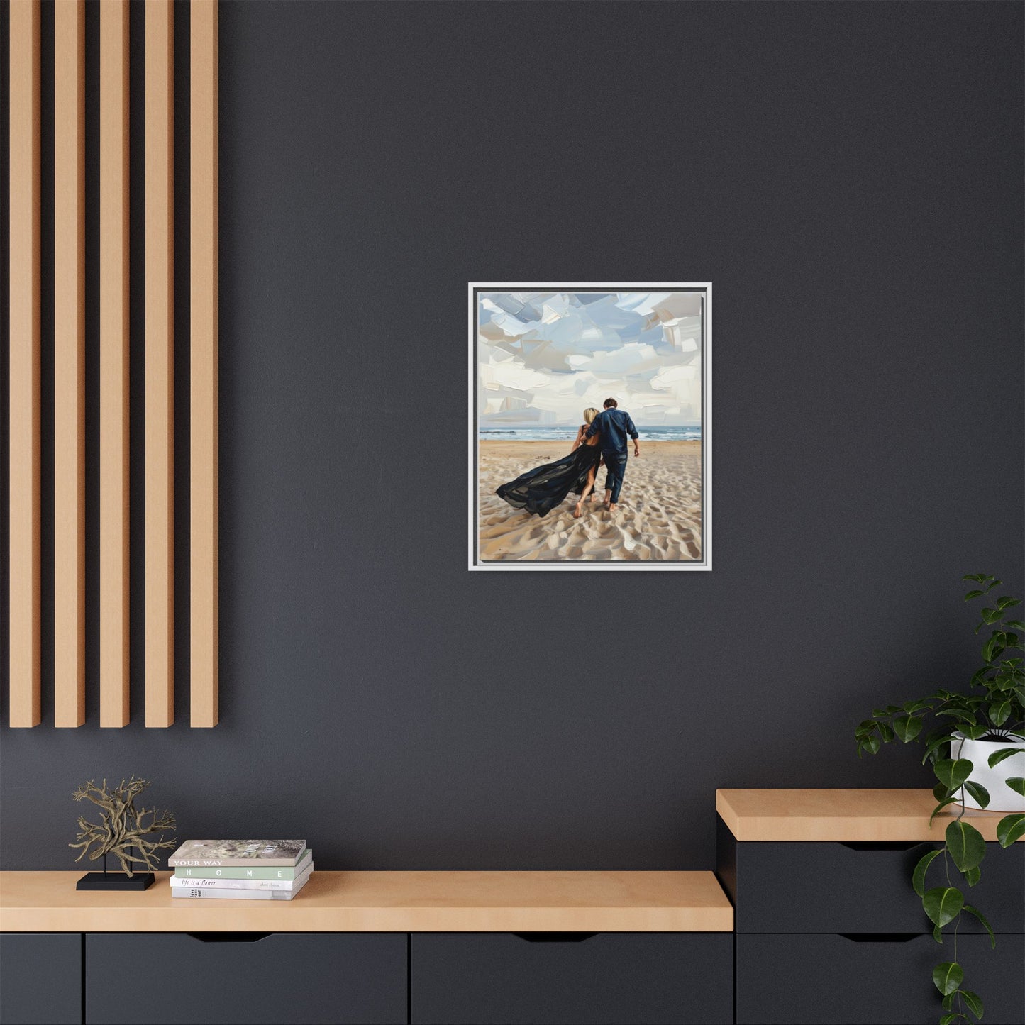 Framed Canvas Wall Art — Romantic Couple Walking on Beach Print