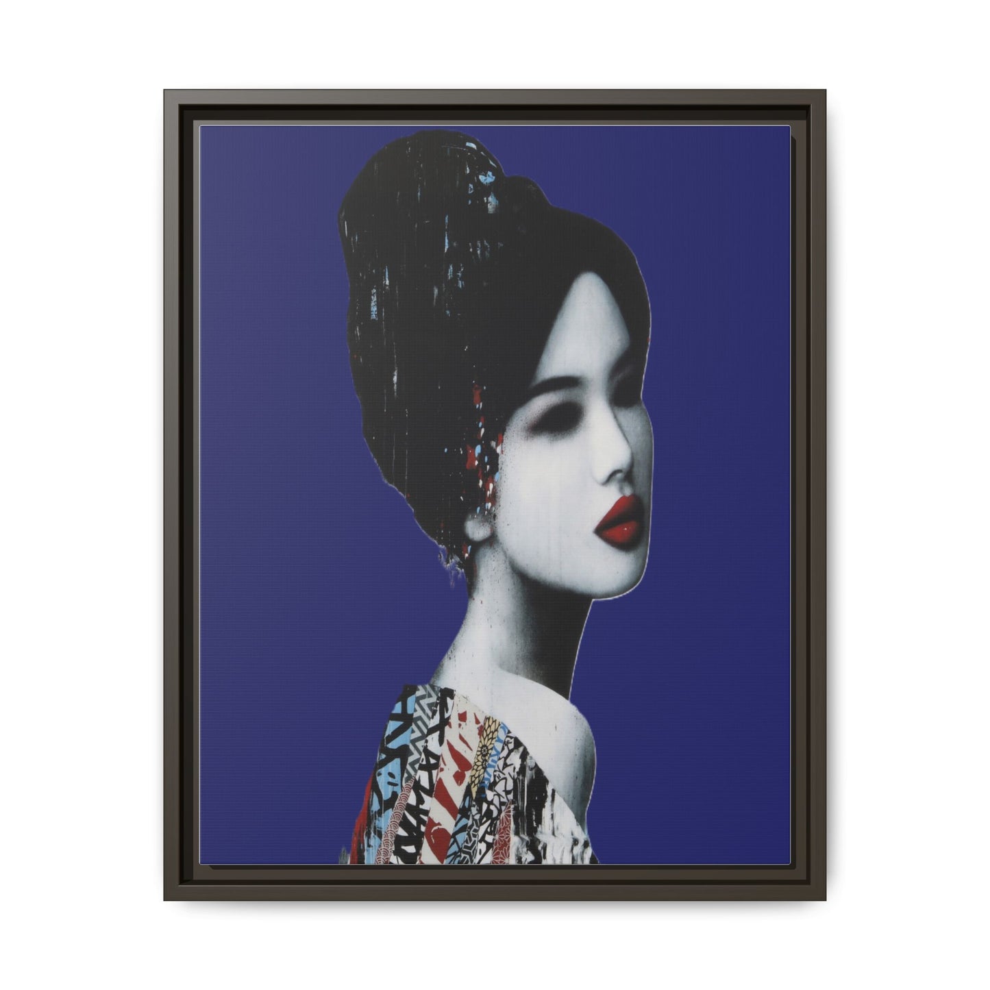 Framed Matte Canvas Art — Elegant Geisha Portrait on Deep Blue