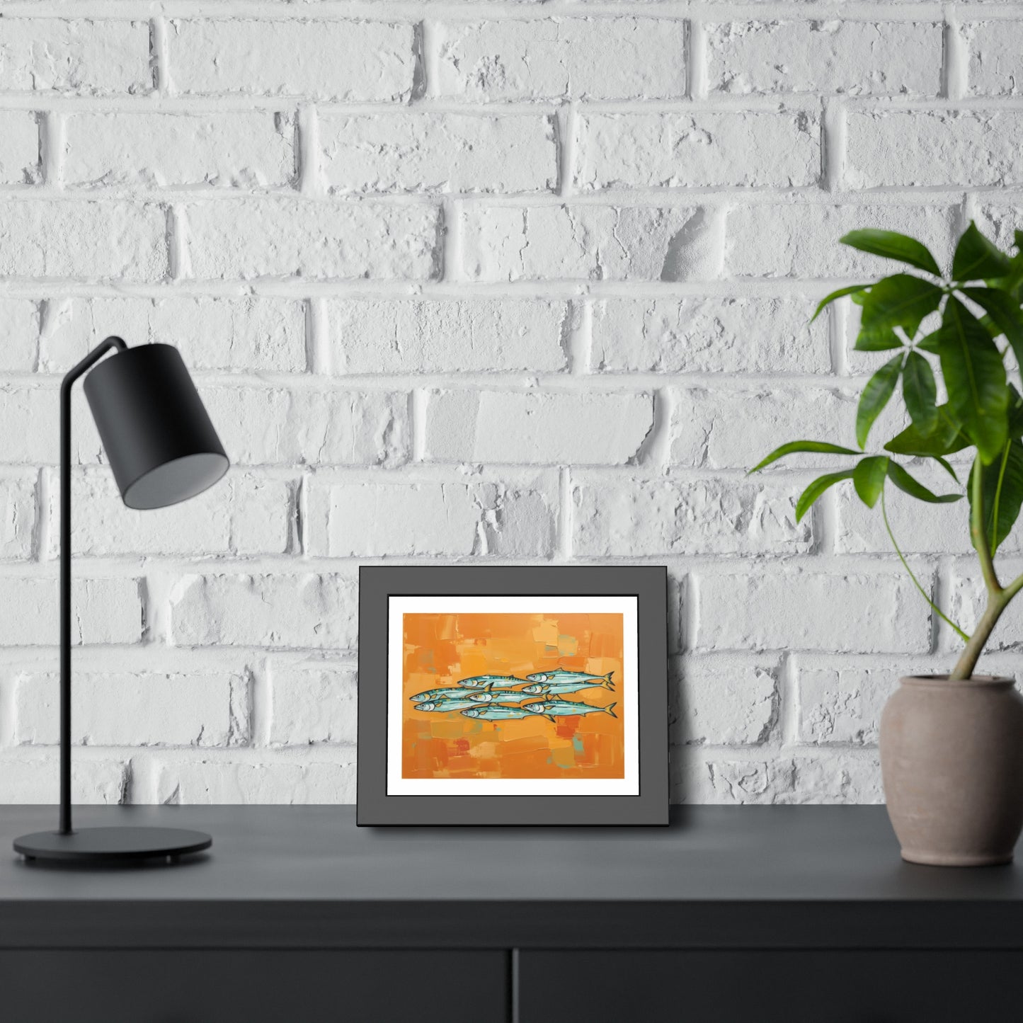 Framed Fish Art Print — School of Mackerel on Orange Abstract Background