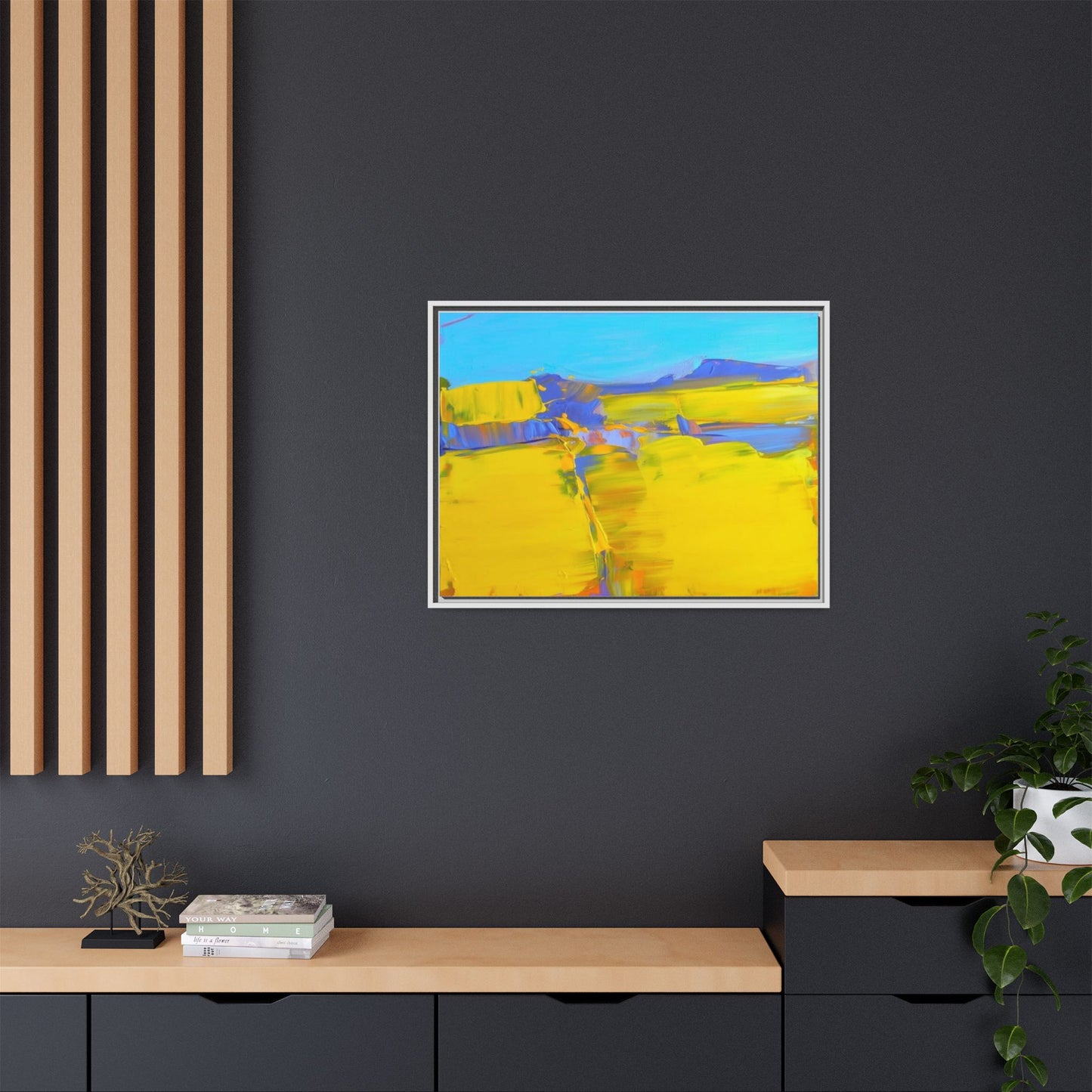 Framed Matte Canvas  Vibrant Yellow Blue Abstract Landscape Art
