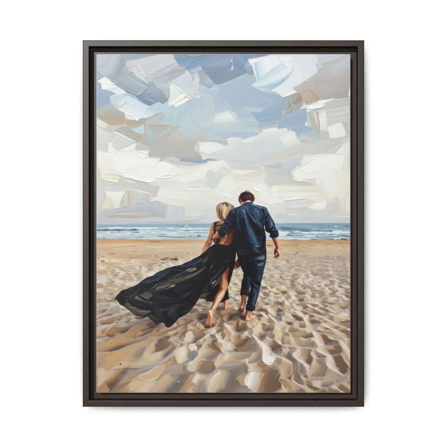Framed Canvas Wall Art — Romantic Couple Walking on Beach Print