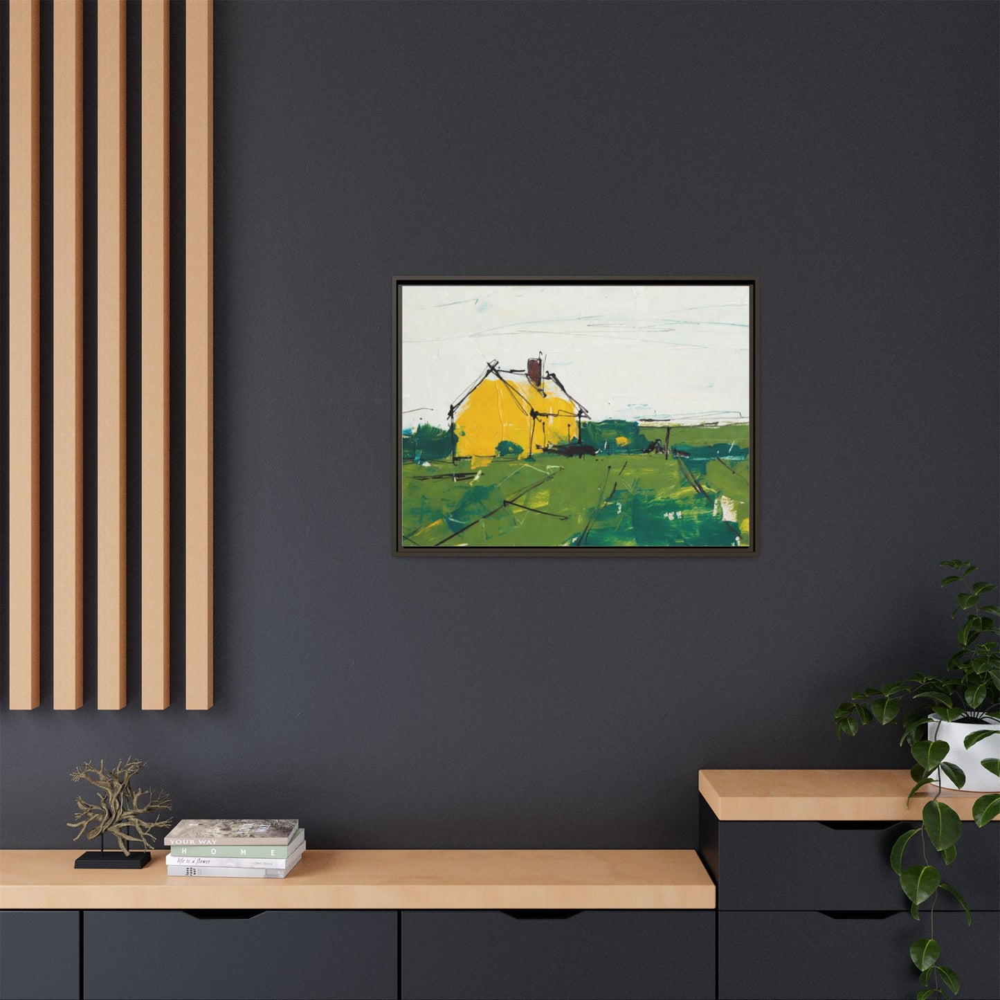 Yellow Cottage Landscape Framed Canvas Print