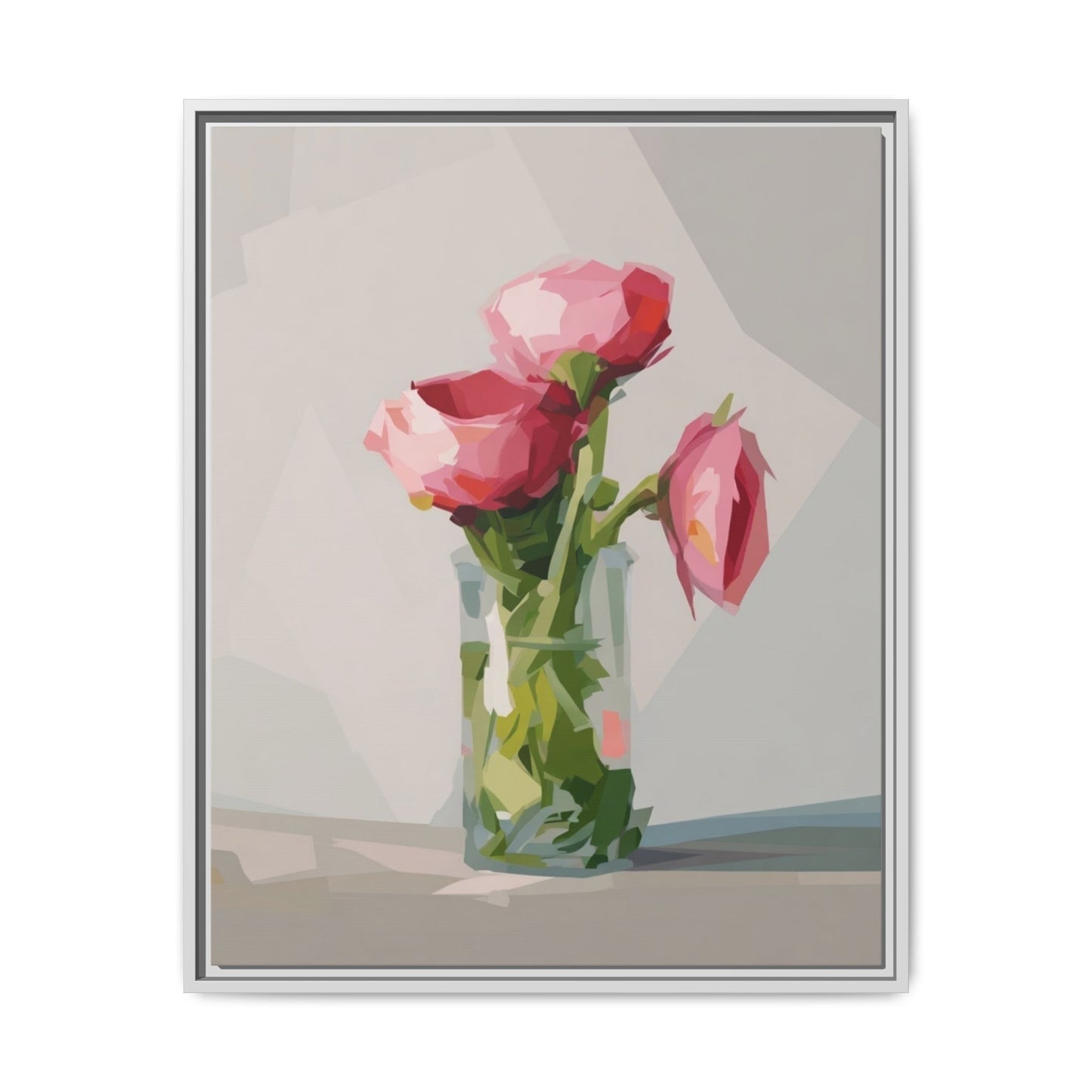 Framed Canvas Art — Pink Roses in Vase, Modern Floral Wall Print