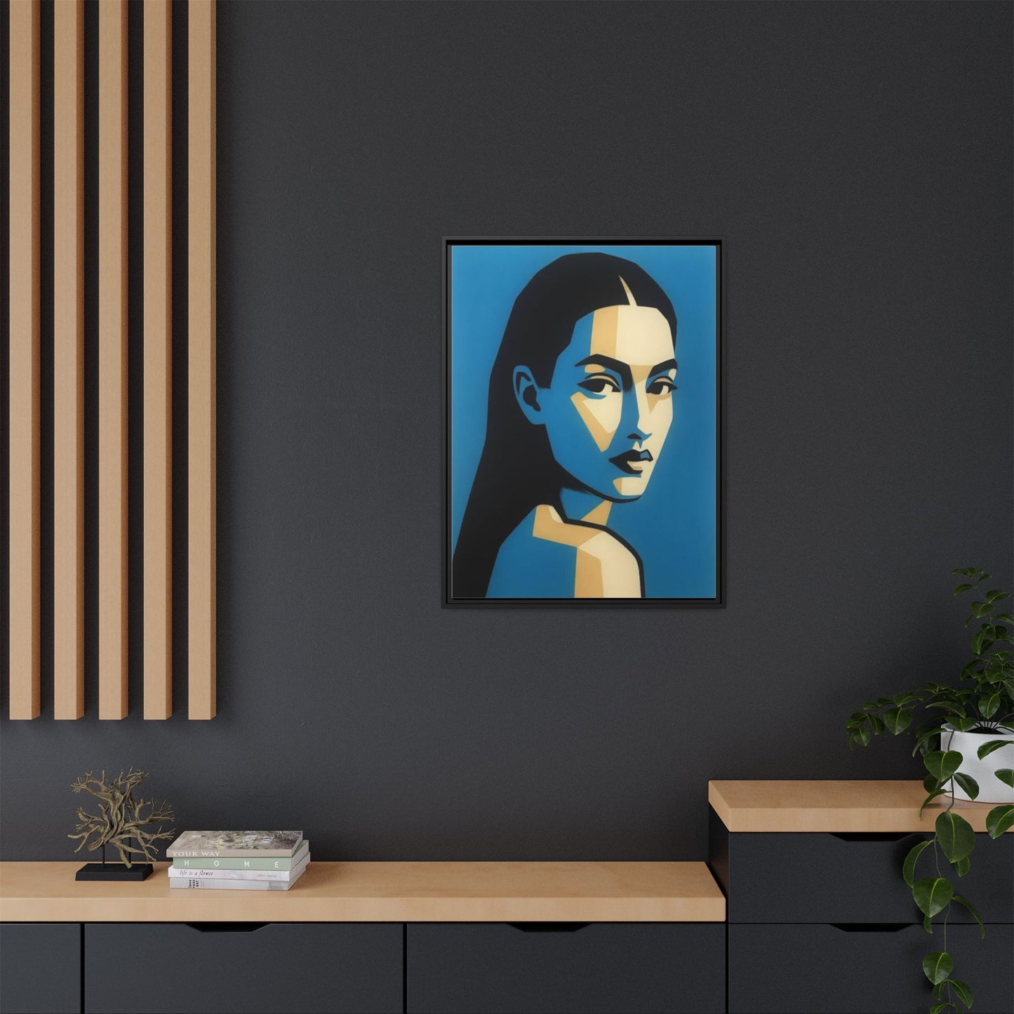 Framed Pop Art Portrait Canvas — Blue Geometric Woman Print
