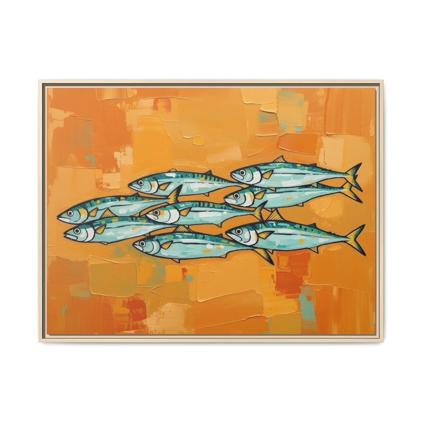 Framed Matte Canvas Print — School of Blue Fish on Orange Abstract Background