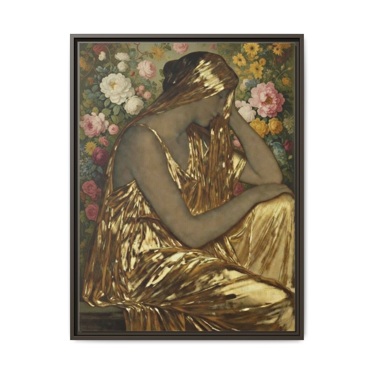 Framed Canvas Art Print — Golden Muse Woman with Floral Background