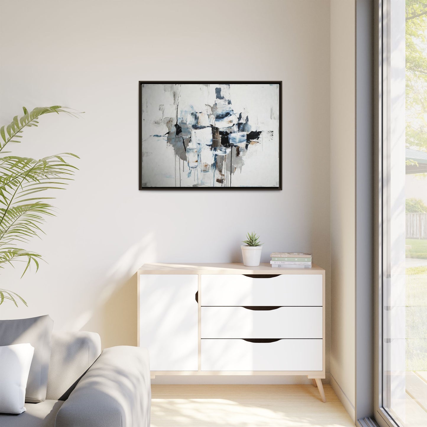 Framed Abstract Canvas Art — Blue Neutral Modern Wall Print