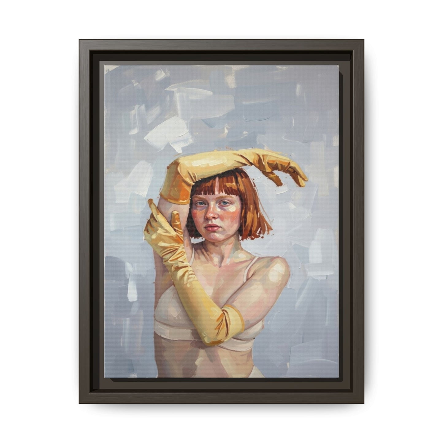 Contemporary Portrait Canvas Print — Woman with Yellow Gloves (Framed Matte)