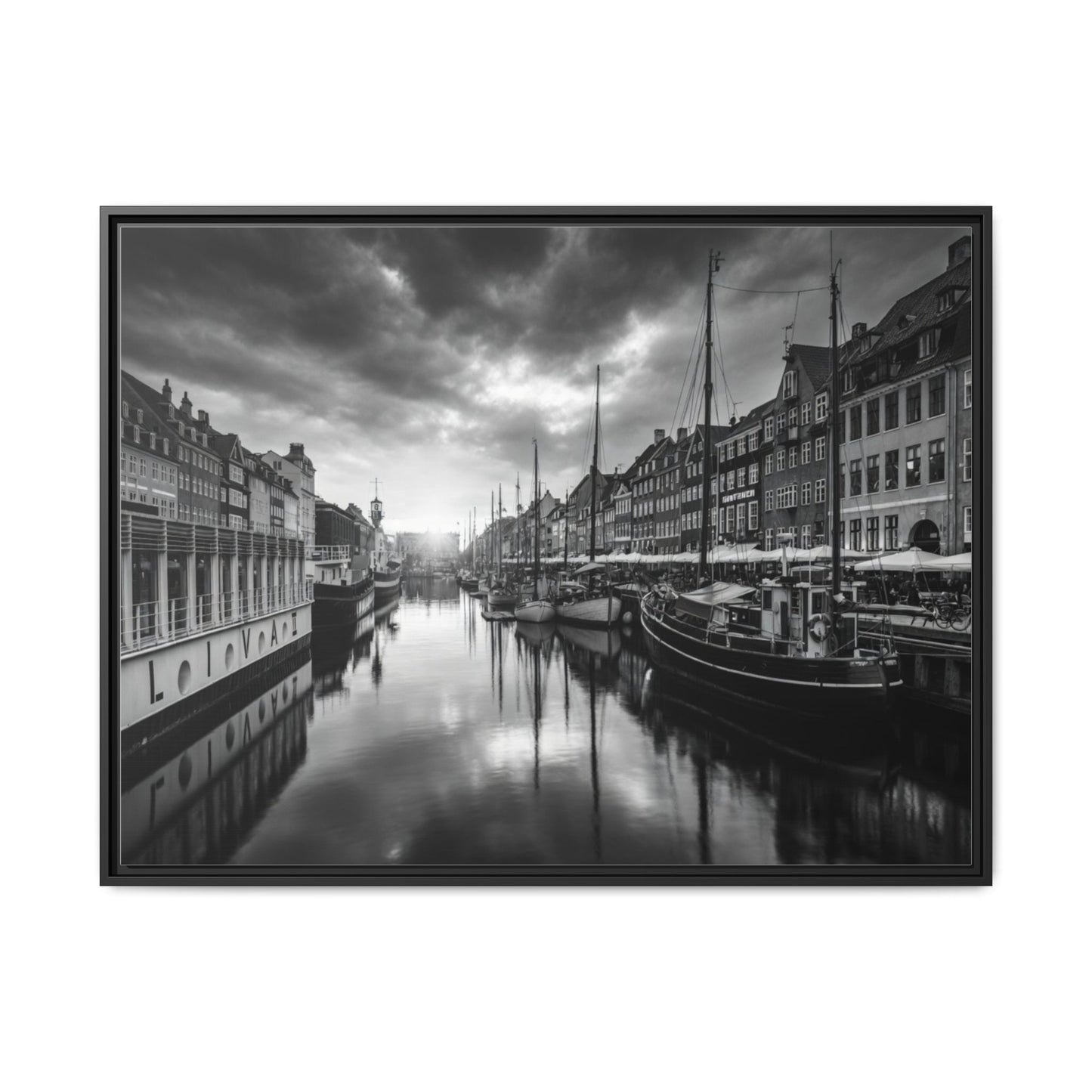 Framed Matte Canvas: Black & White Dutch Canal Photography Wall Art
