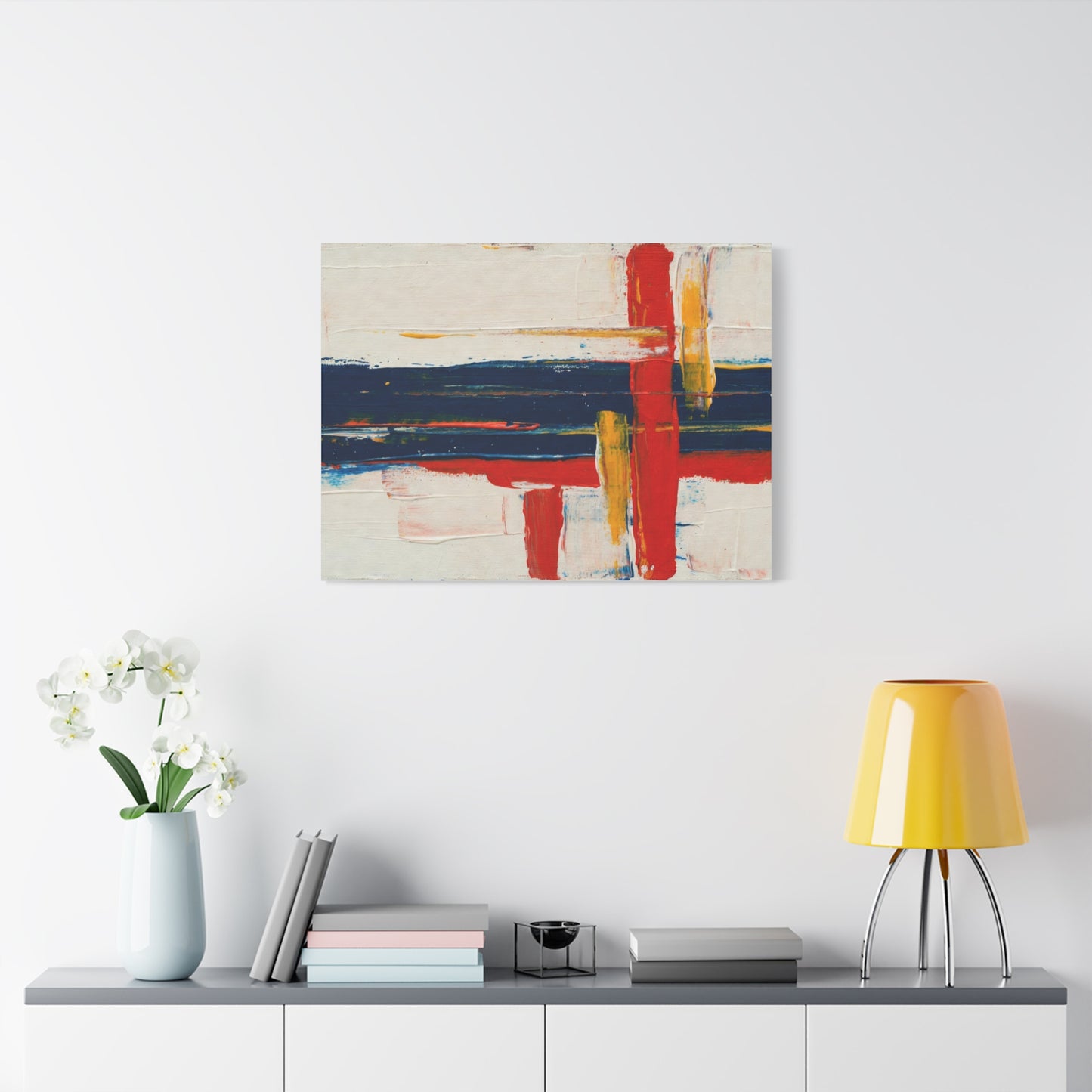 Abstract Modern Canvas Art Print — Red, Navy & Gold Stretched Matte Canvas