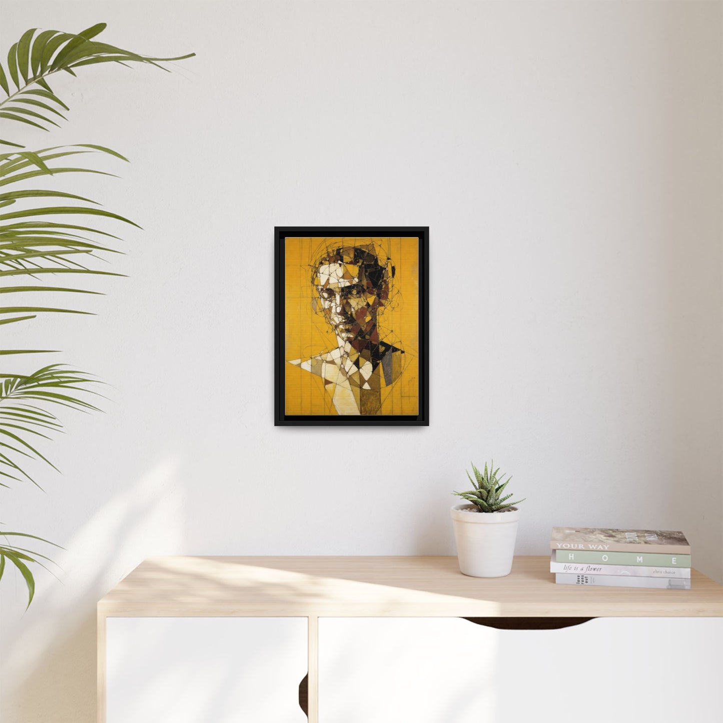 Framed Matte Canvas Art - Abstract Geometric Portrait on Mustard Yellow