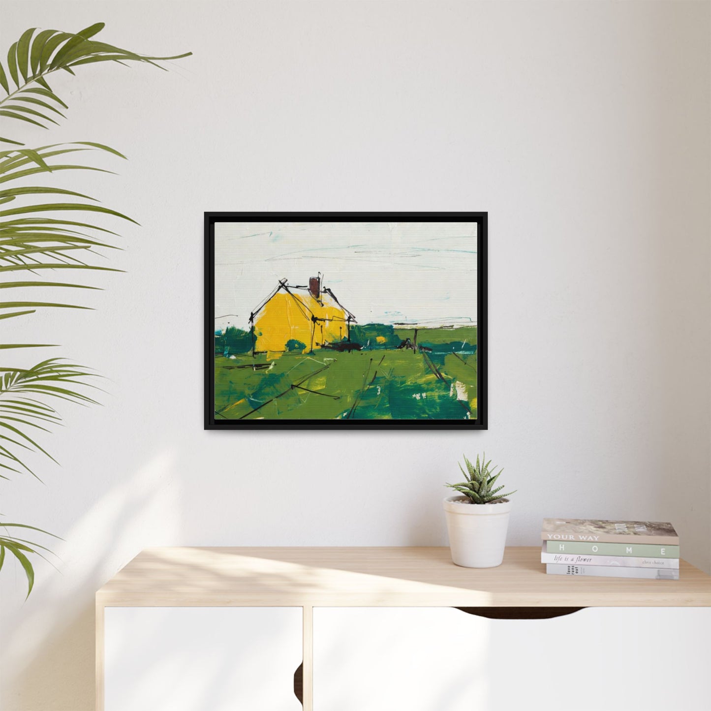 Yellow Cottage Landscape Framed Canvas Print