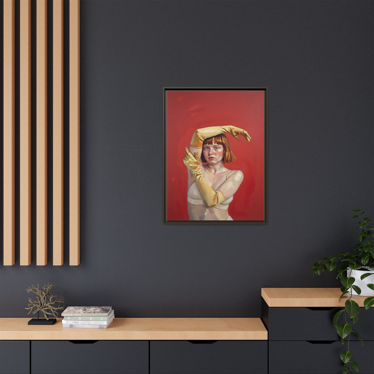 Framed Matte Canvas Art - Portrait of Woman in Yellow Gloves (Red Background)