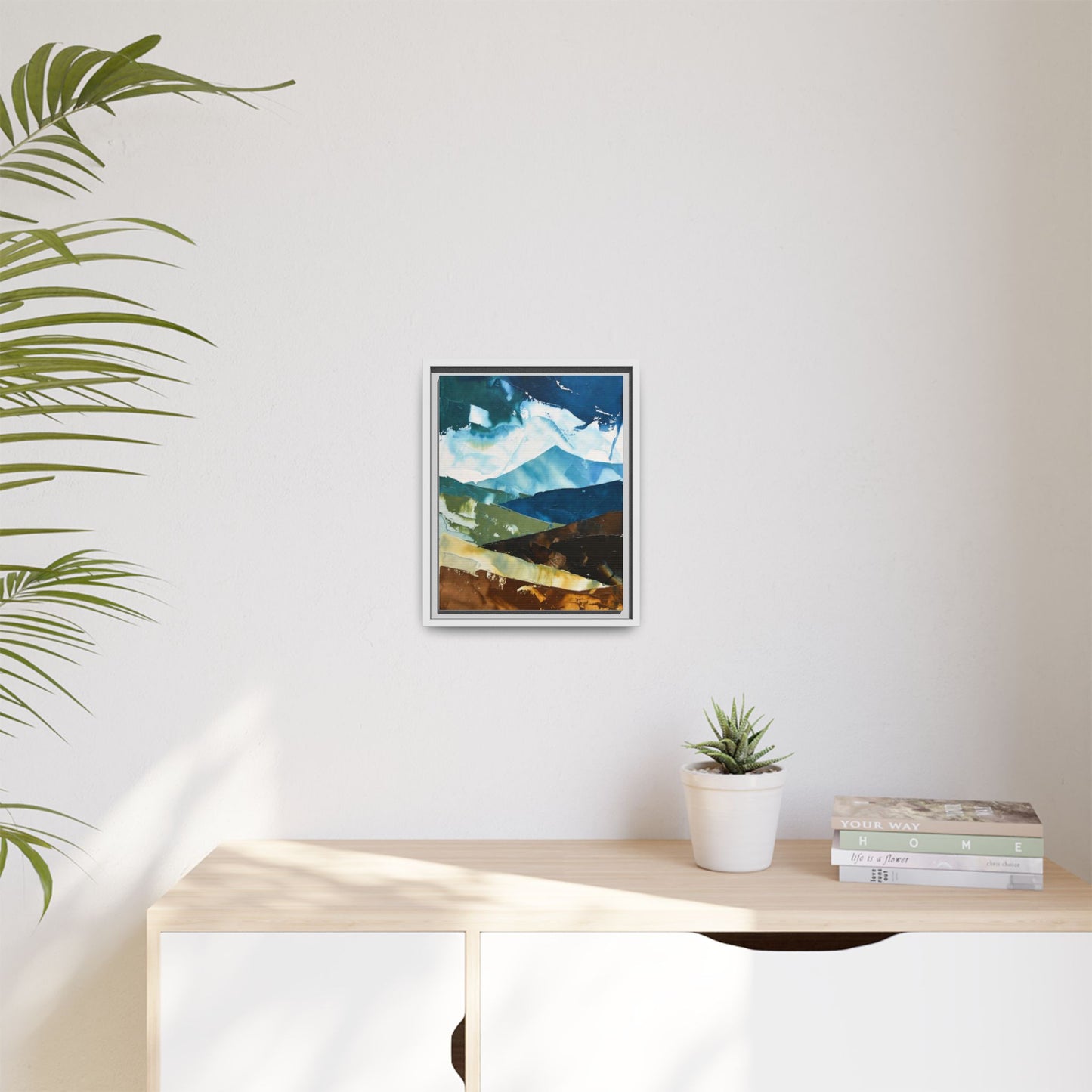 Framed Abstract Mountain Canvas Art — Blue & Earthtone Landscape Print