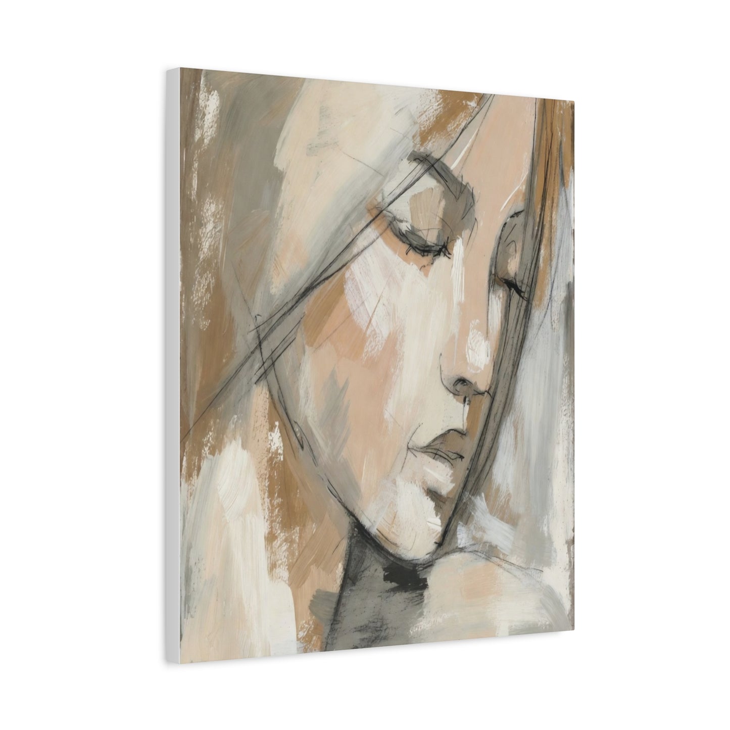 Serene Woman Portrait Matte Canvas Wall Art — Neutral Abstract Face Painting