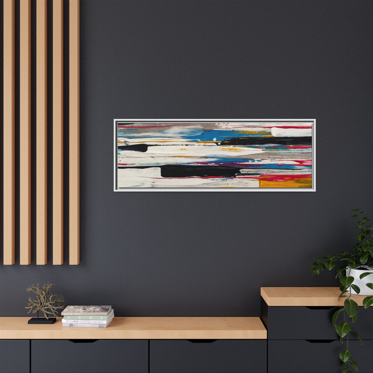 Abstract Multi-Color Framed Canvas Wall Art — Modern Horizontal Brushstroke Print