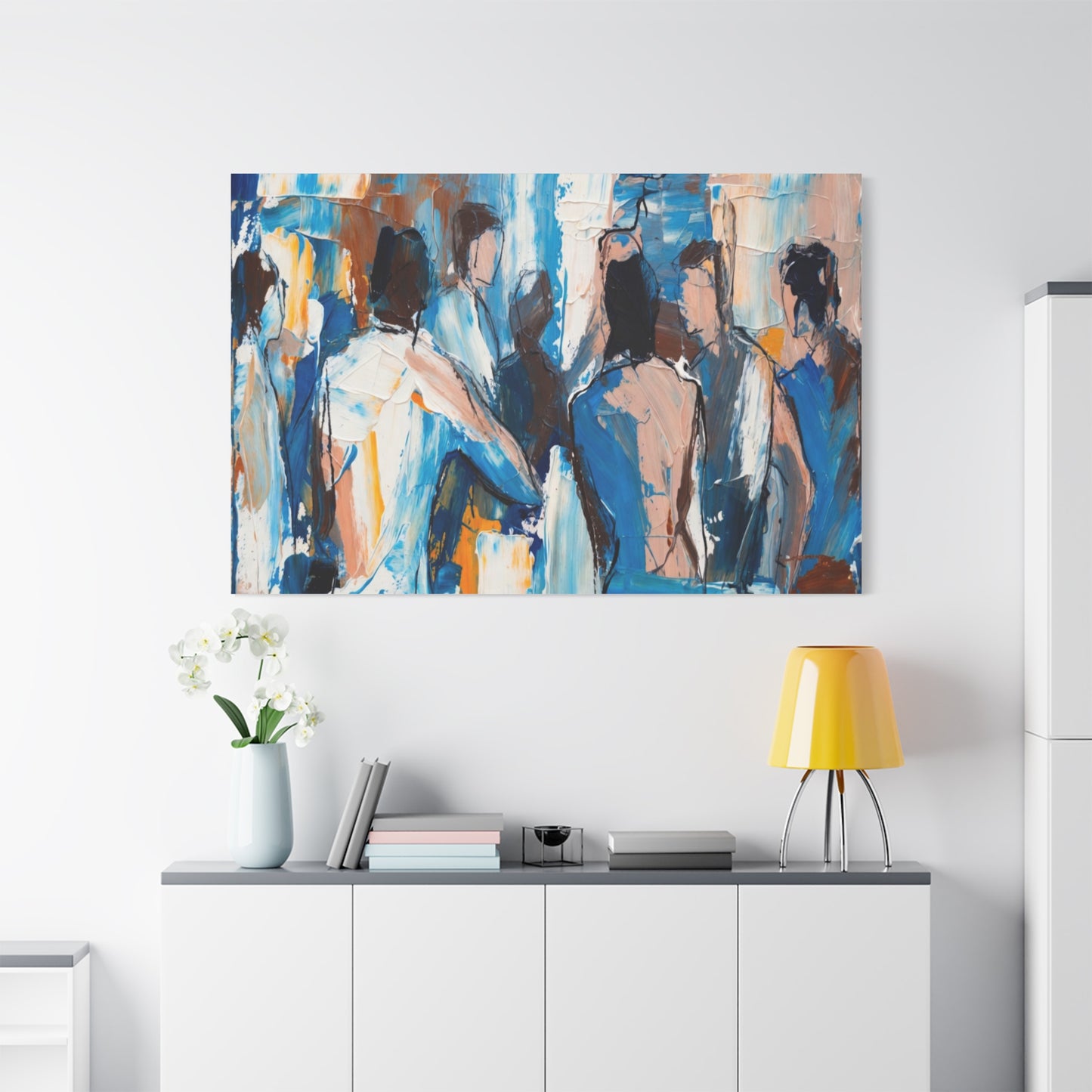 Abstract Figurative Canvas Art — Blue Social Scene Matte Stretched Canvas