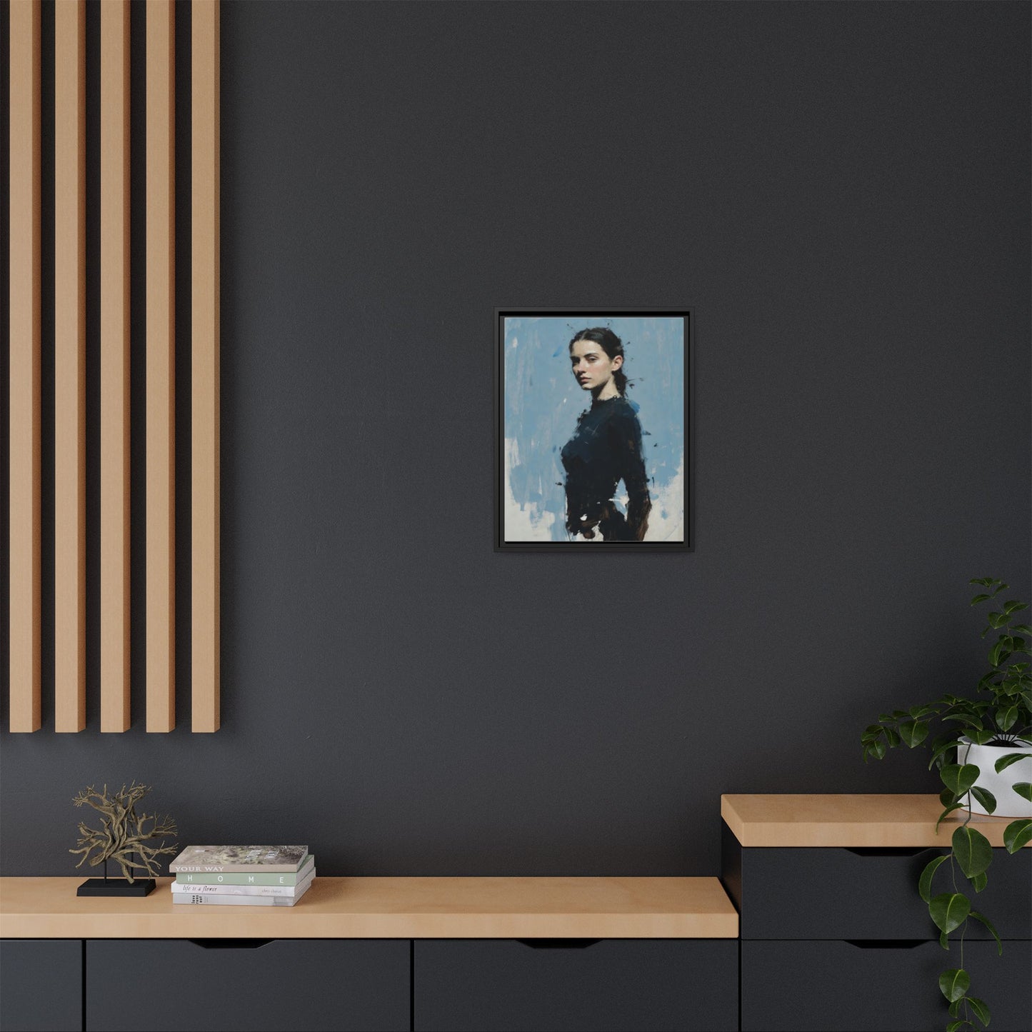 Framed Matte Canvas Portrait Print — Elegant Blue Woman Art
