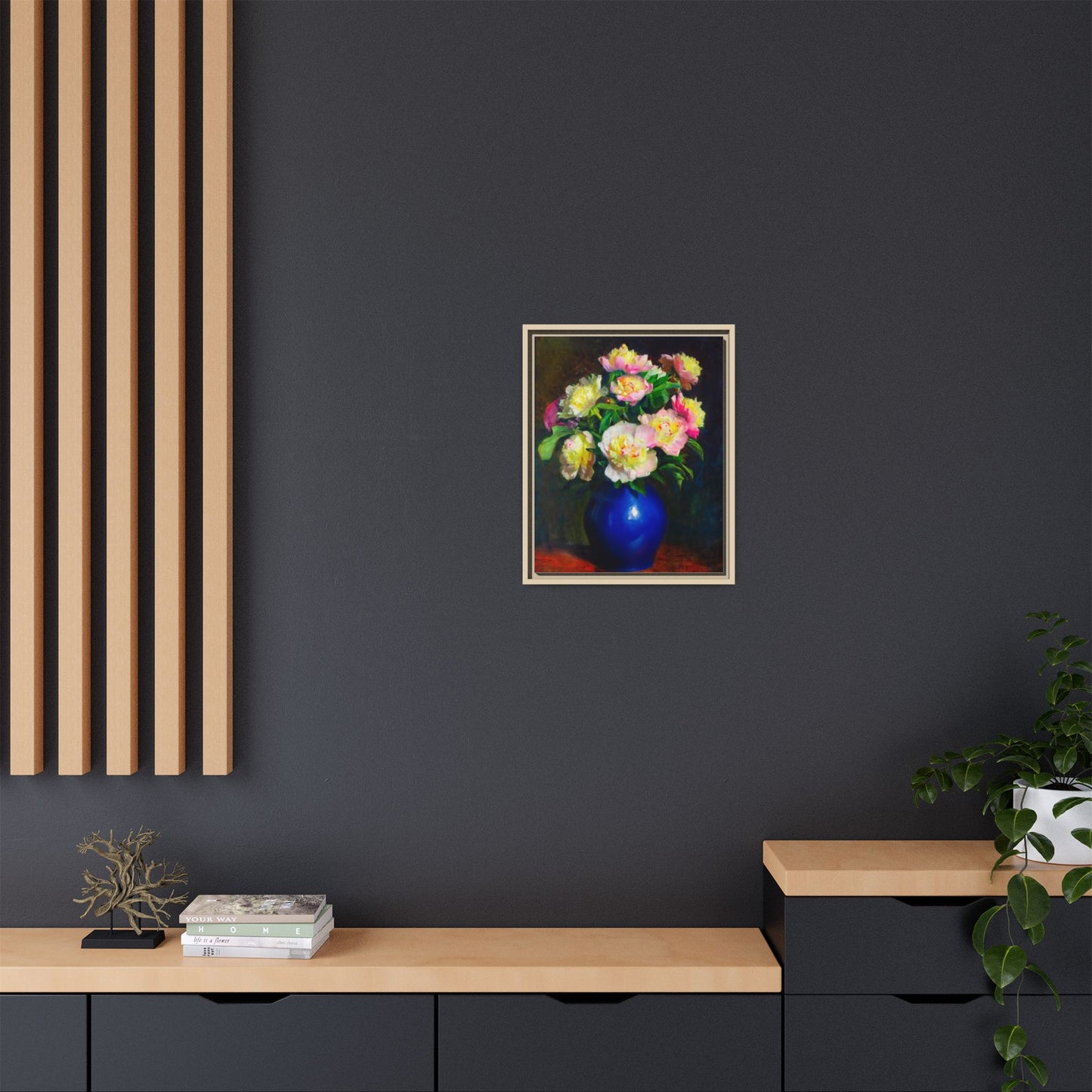 Framed Matte Canvas Wall Art — Vintage Floral Bouquet in Blue Vase