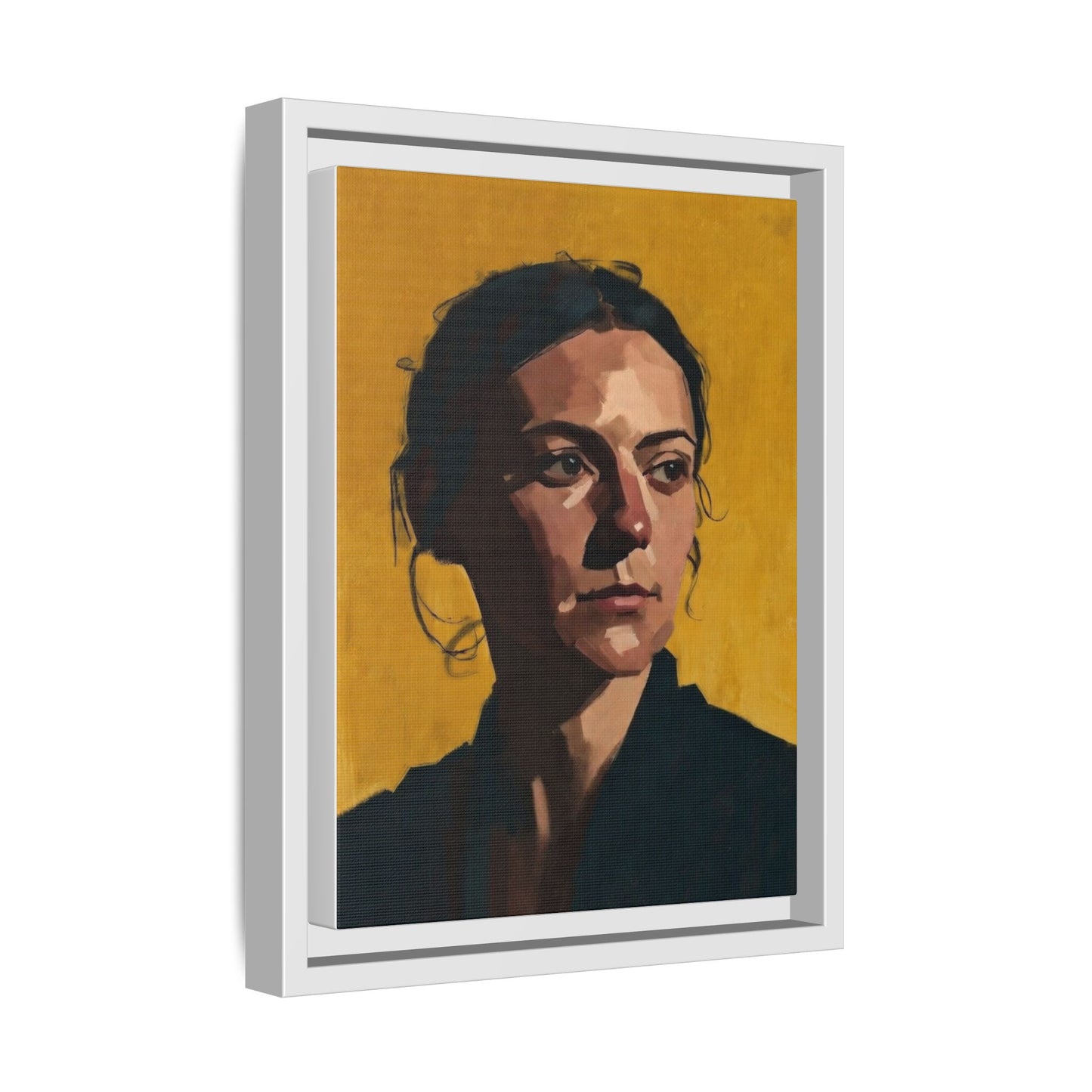 Framed Matte Canvas Portrait Art — Moody Woman on Mustard Background