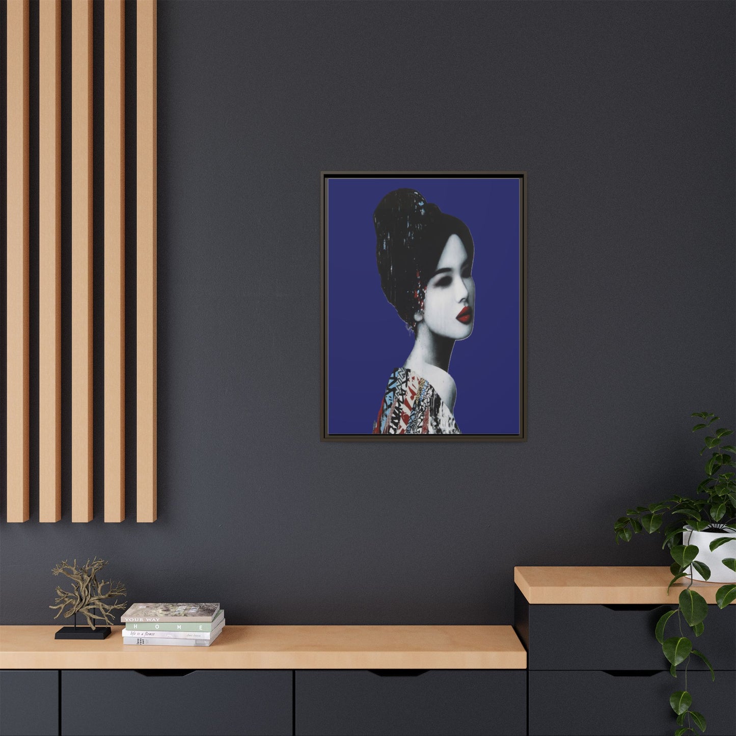 Framed Matte Canvas Art — Elegant Geisha Portrait on Deep Blue
