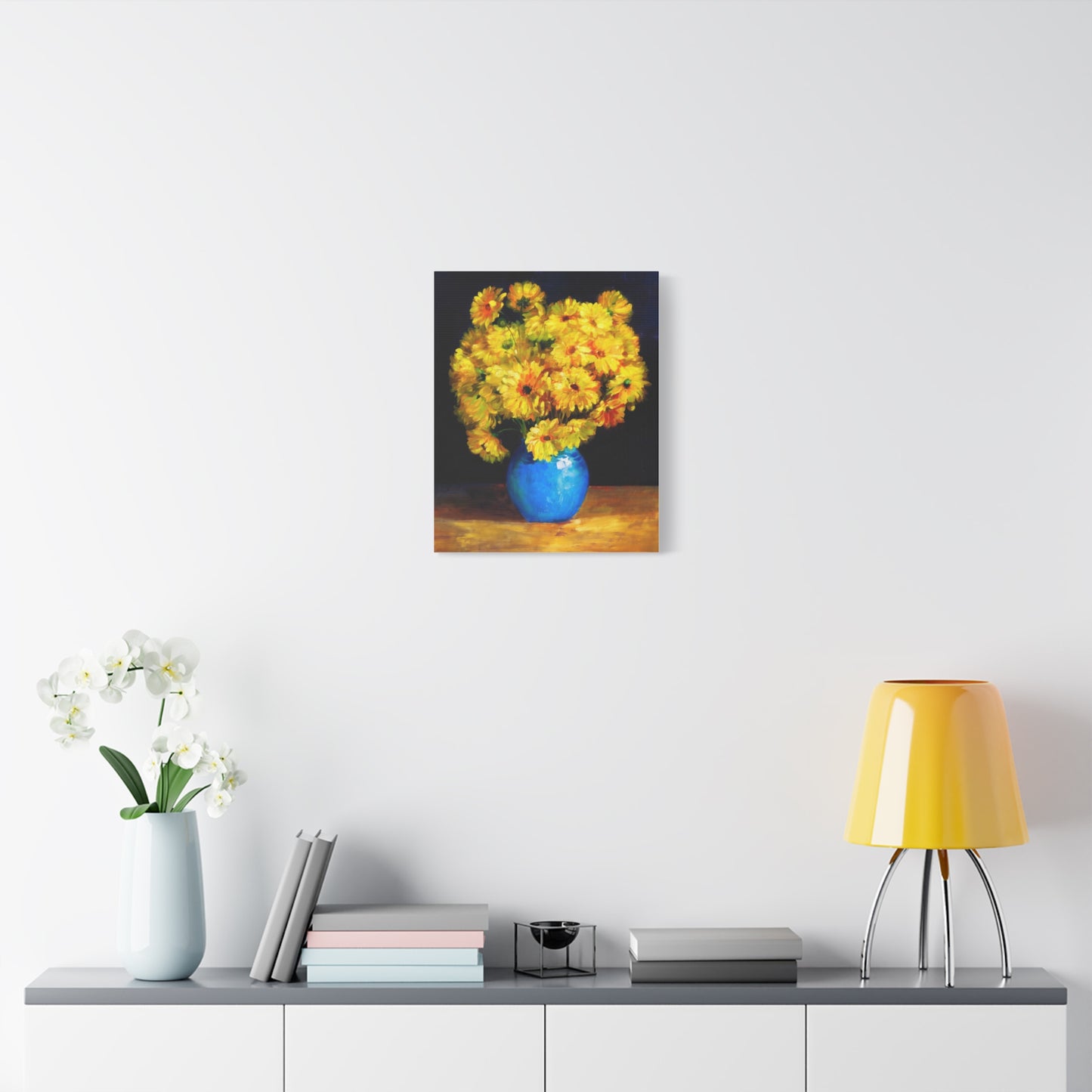 Yellow Chrysanthemum Canvas Wall Art — Blue Vase Floral Painting (Stretched Matte)