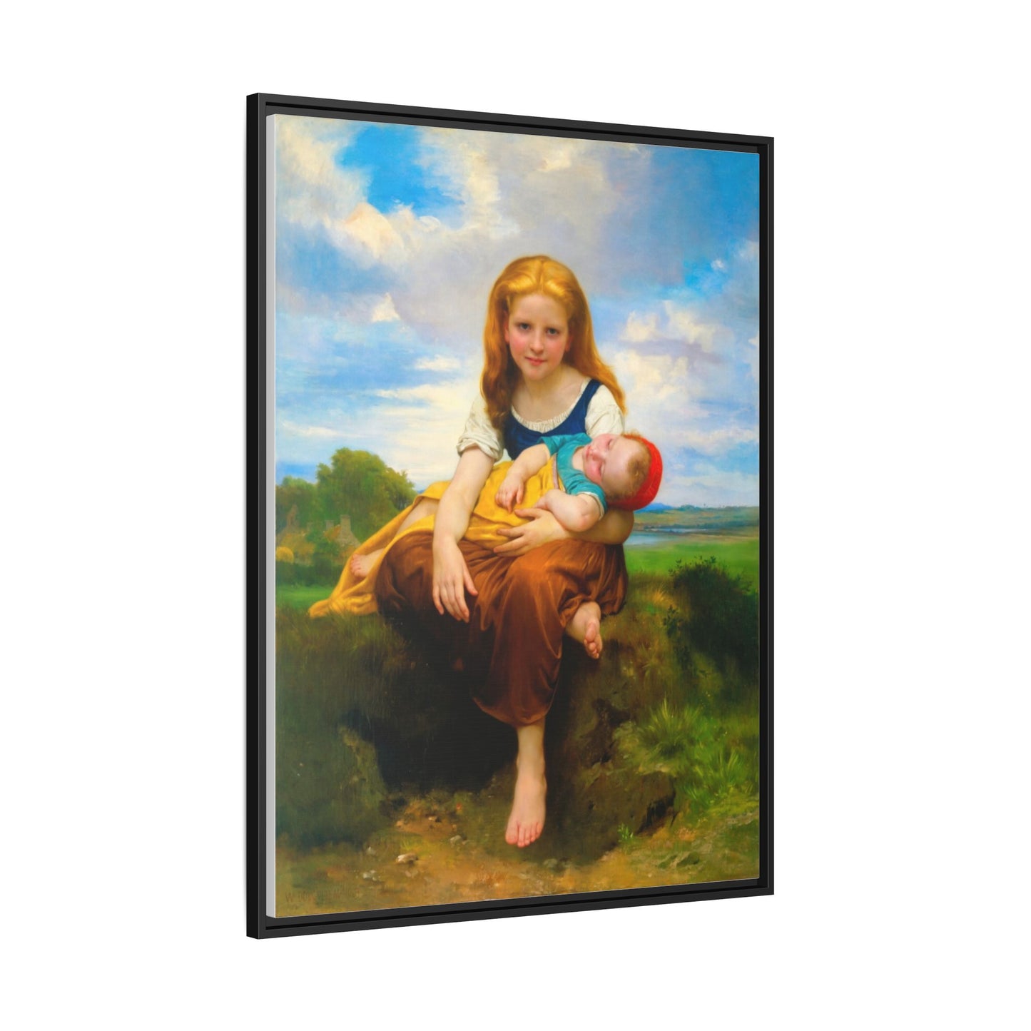 Young Girl Holding Sleeping Baby Canvas Print, Framed Wall Art