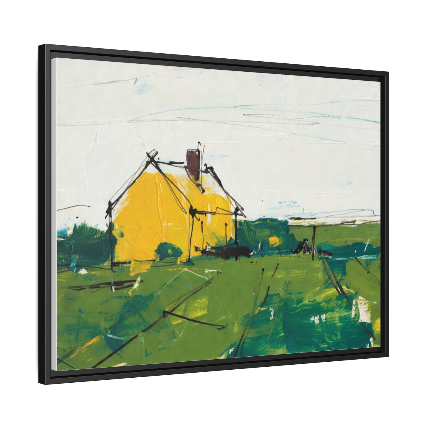 Yellow Cottage Landscape Framed Canvas Print