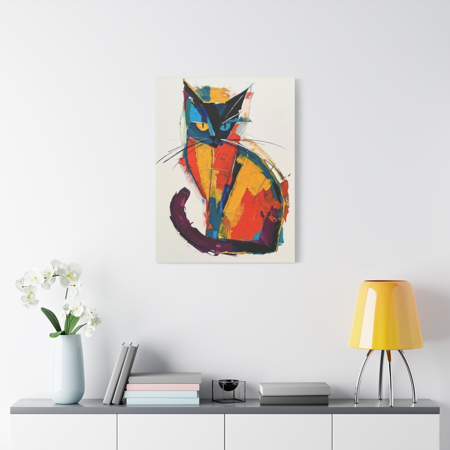 Colorful Abstract Cat Canvas Art - Modern Stretched Matte Wall Decor