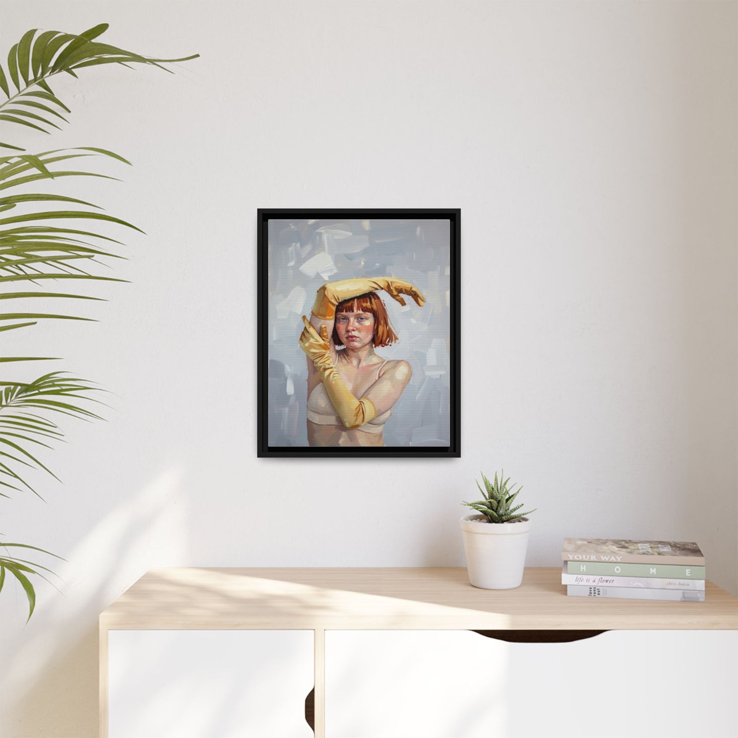 Contemporary Portrait Canvas Print — Woman with Yellow Gloves (Framed Matte)