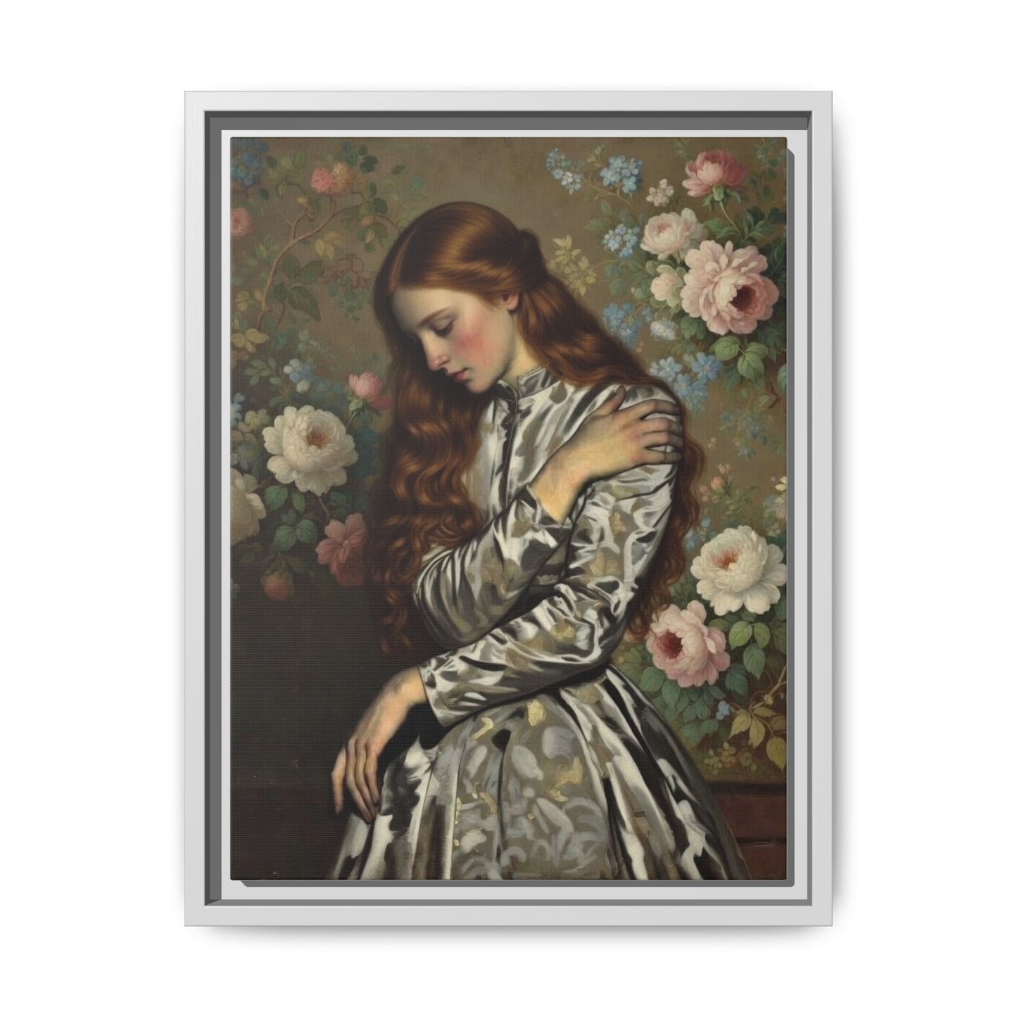 Framed Matte Canvas Art — Vintage Floral Portrait of a Young Woman