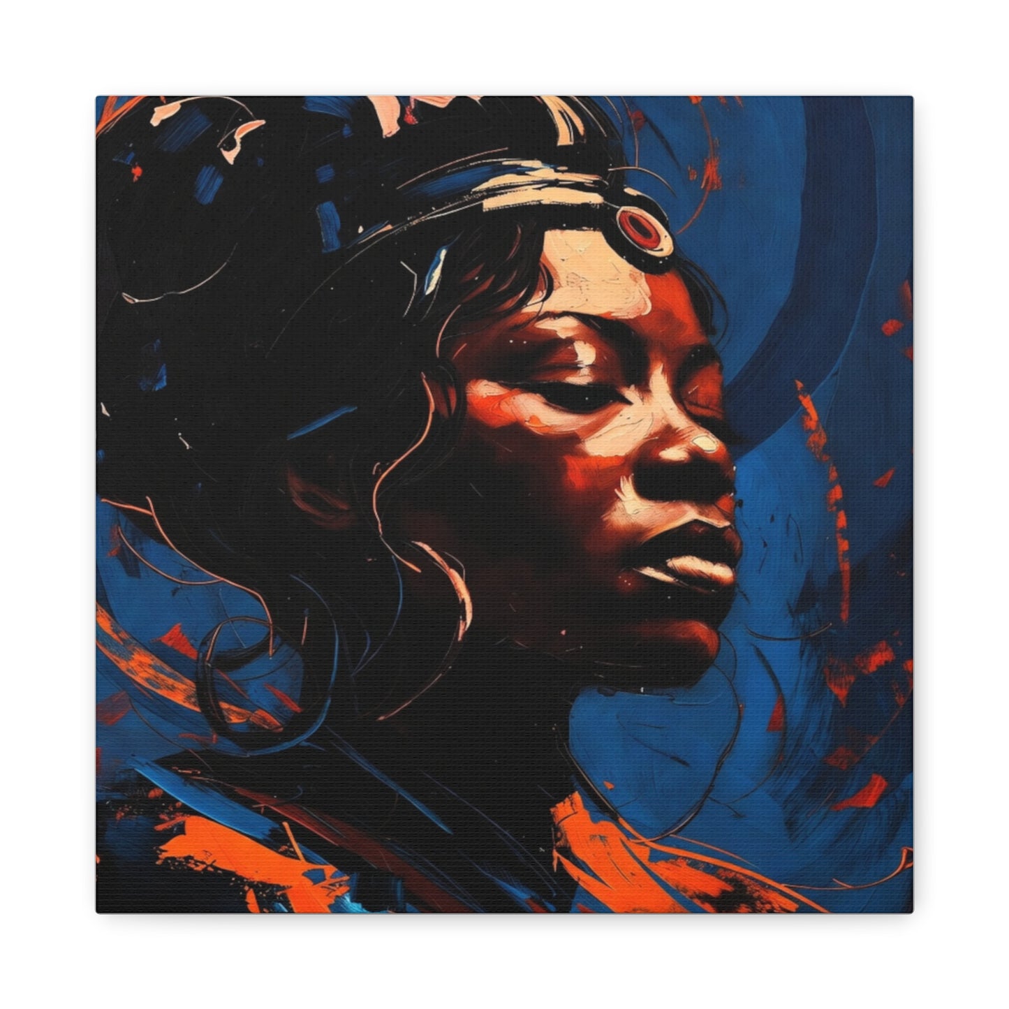Regal Afrocentric Portrait Matte Canvas Art – Vibrant Blue & Orange Stretched Wall Decor