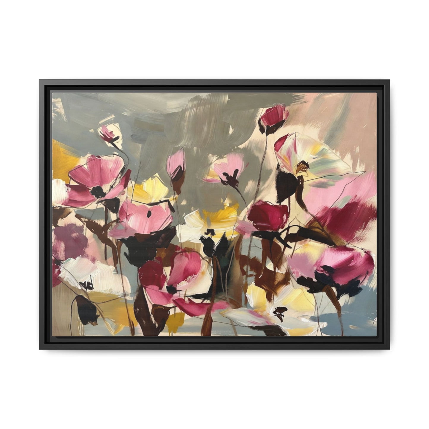 Framed Floral Canvas Wall Art — Abstract Pink & Yellow Flowers