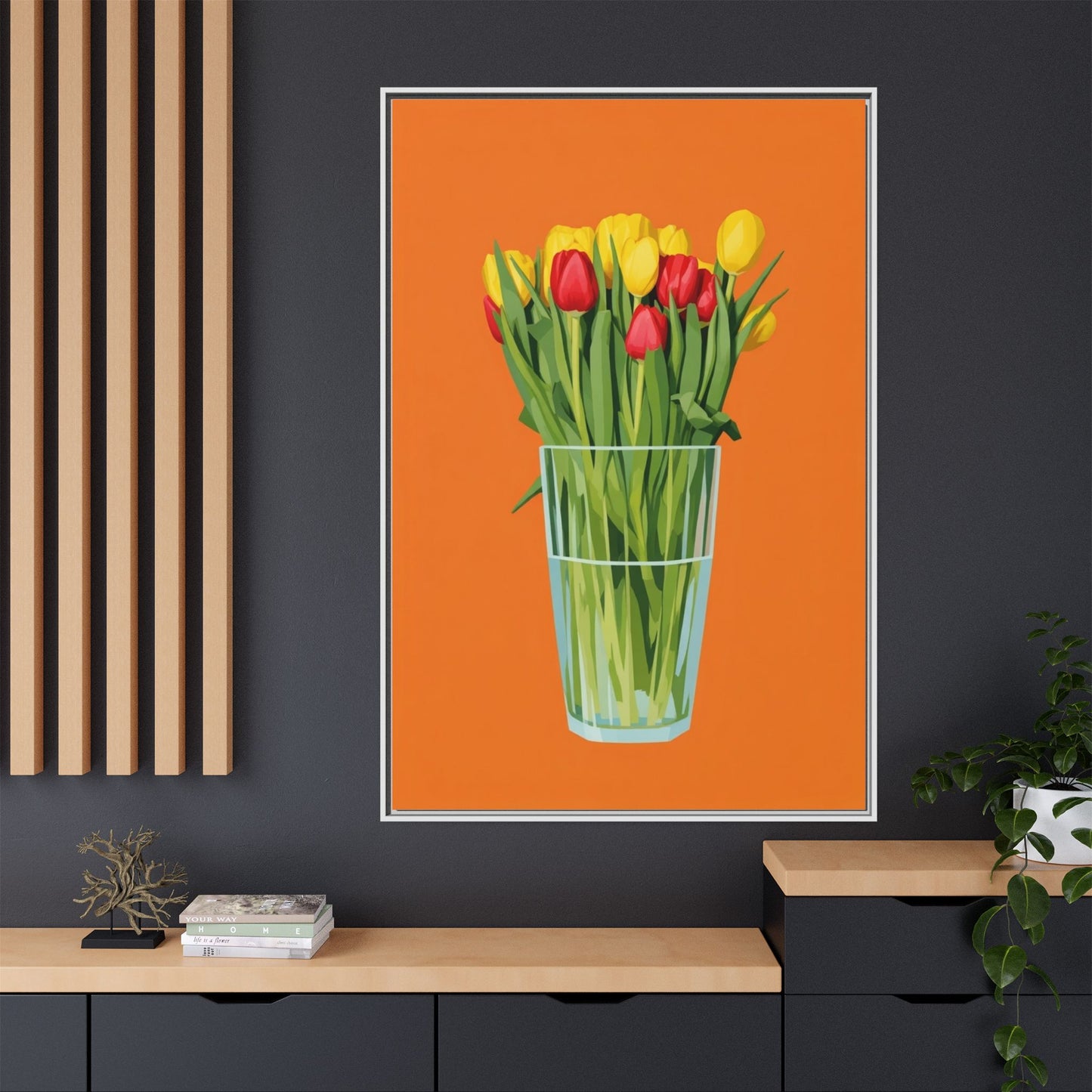 Framed Tulip Canvas Print — Colorful Tulips in Glass Vase