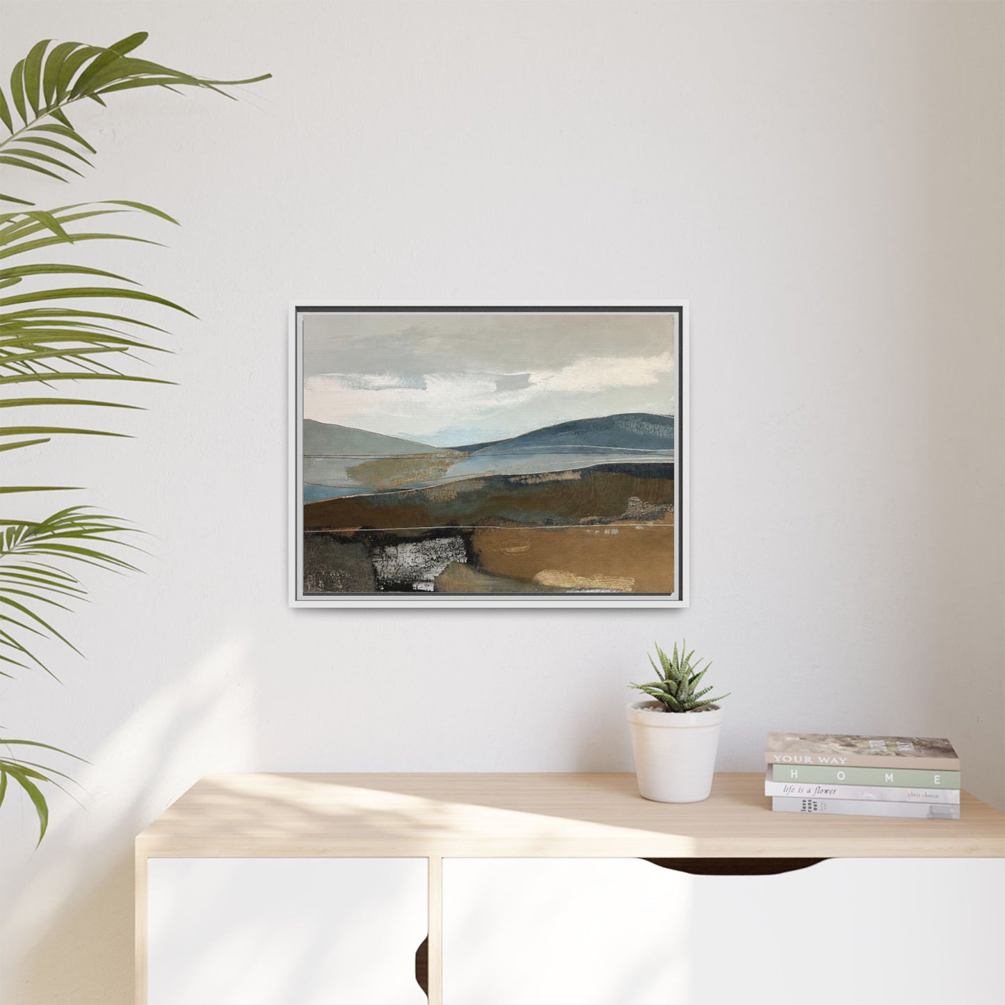 Framed Matte Canvas Landscape Art - Serene Abstract Hills in Blue & Earth Tones