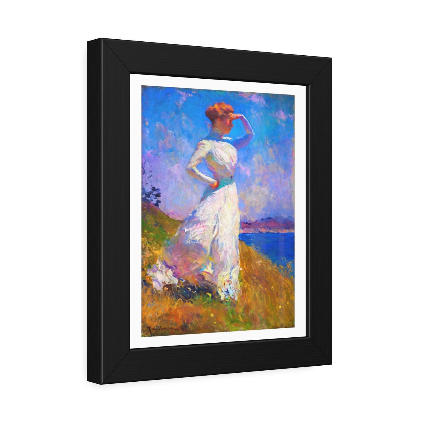 Coastal Impressionist Framed Poster — Woman in White Seaside Art Print