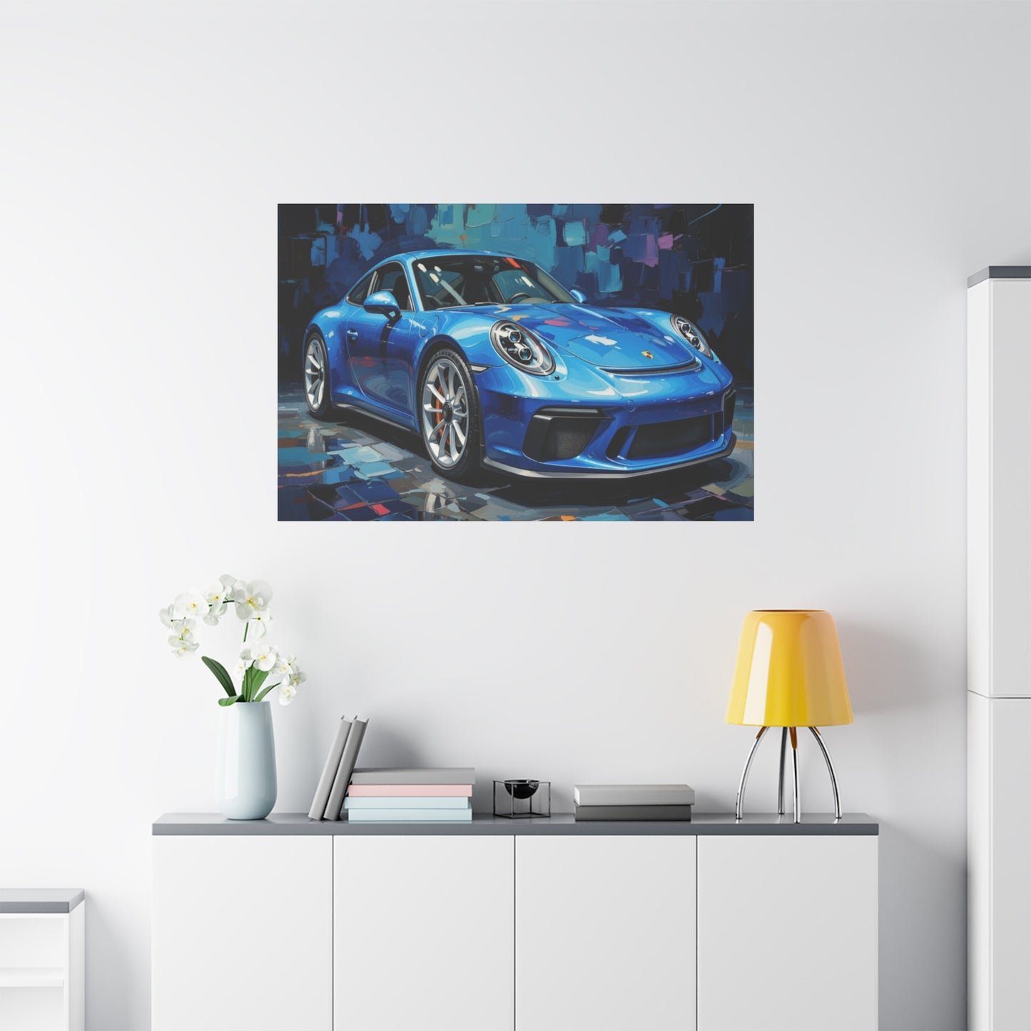 Blue Sports Car Canvas Wall Art — Modern Automotive Painting on Stretched Matte Canvas