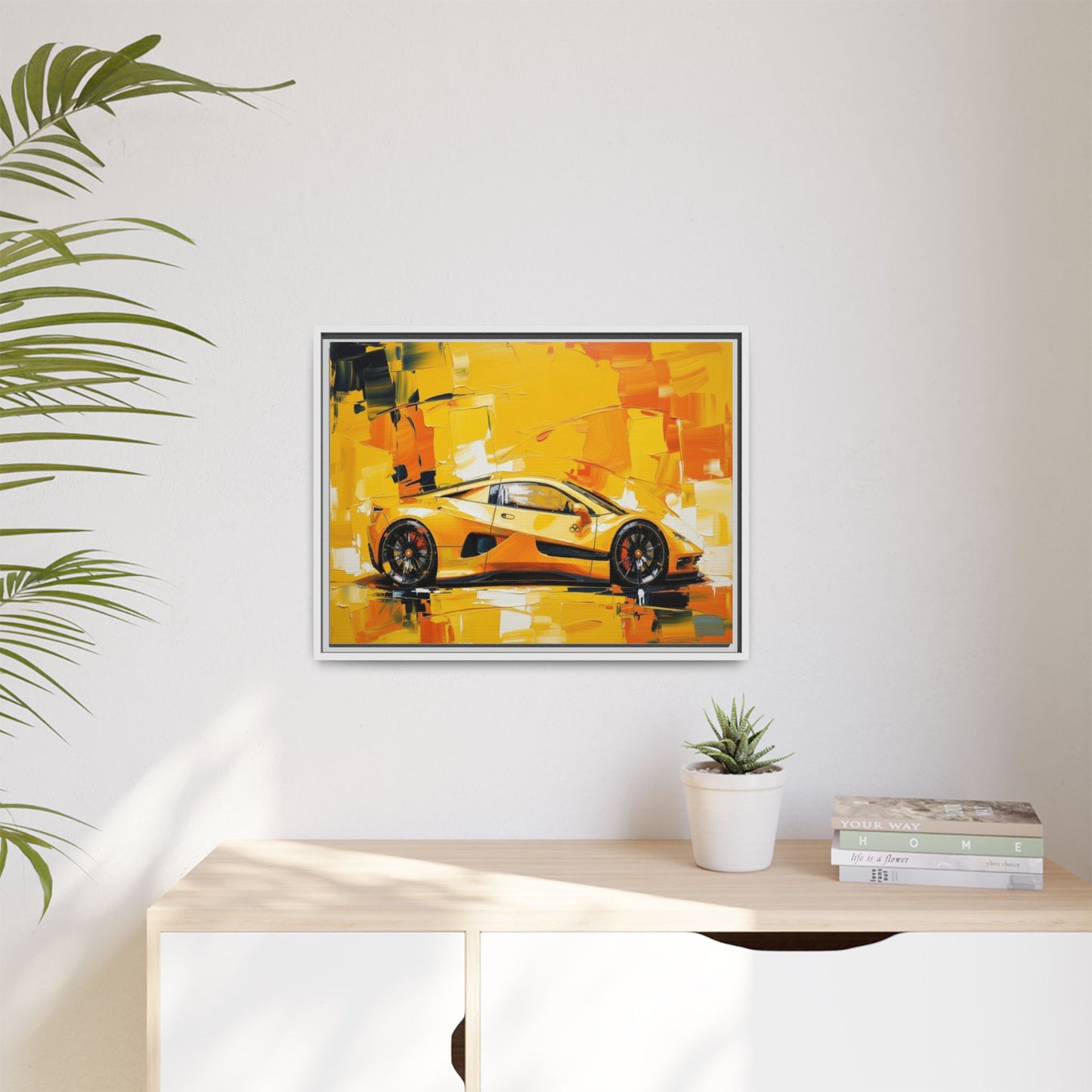 Yellow Sports Car Abstract Matte Canvas Framed Print