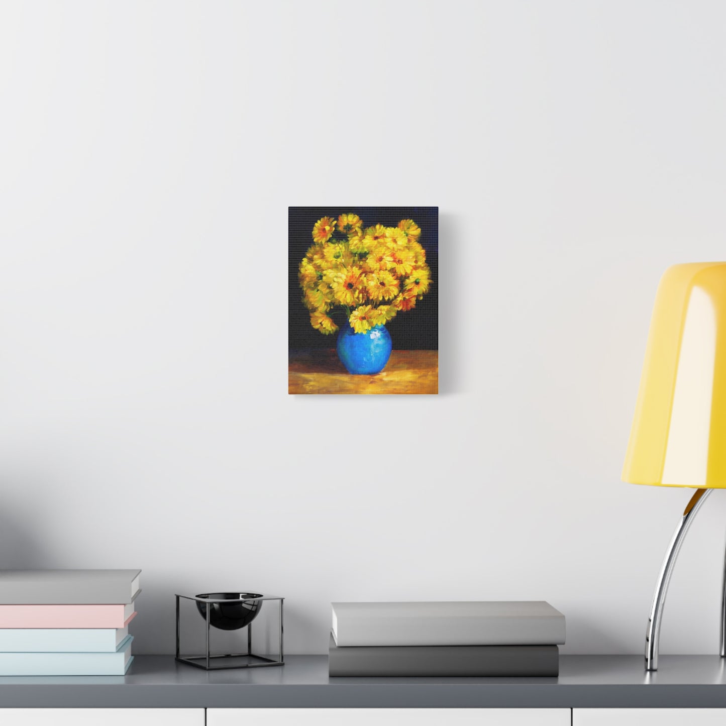 Yellow Chrysanthemum Canvas Wall Art — Blue Vase Floral Painting (Stretched Matte)