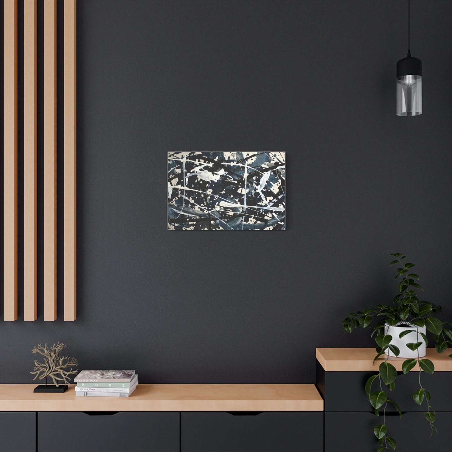 Abstract Drip Painting Canvas Print — Blue & Black Modern Wall Art (Matte Stretched)