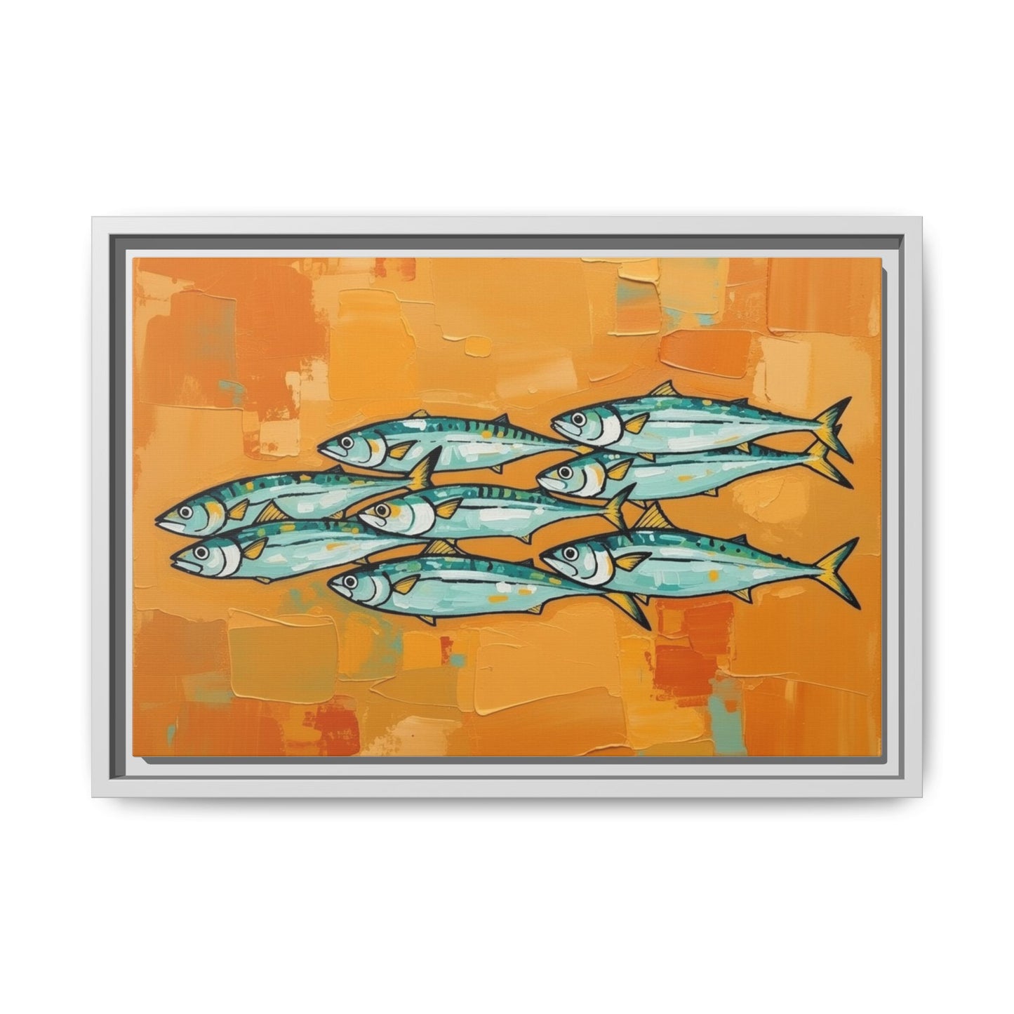 Framed Matte Canvas Print — School of Blue Fish on Orange Abstract Background