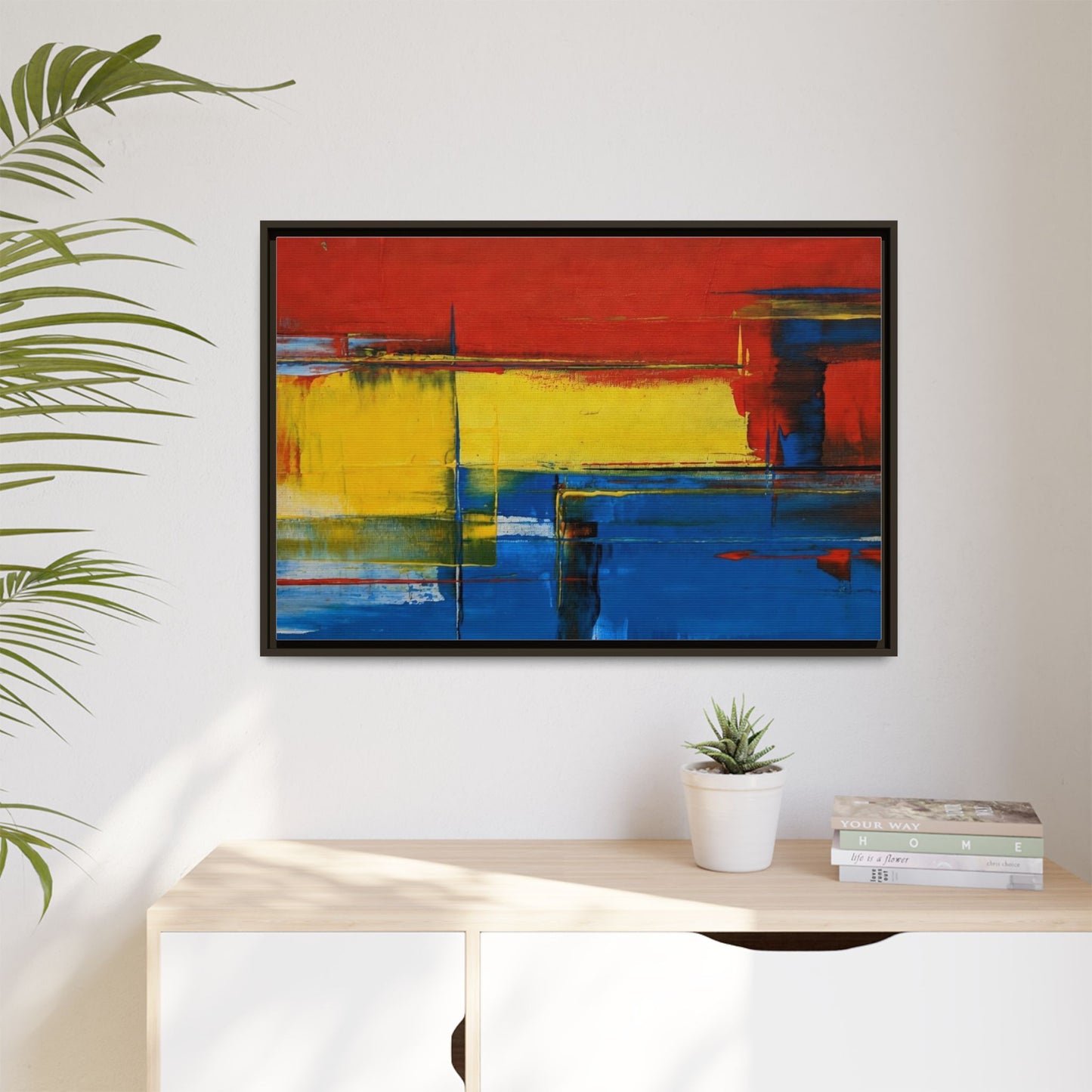 Abstract Color Block Matte Canvas Framed Wall Art — Modern Red Yellow Blue Painting