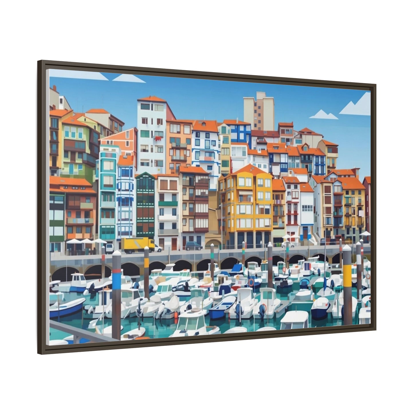 Framed Matte Canvas Print — Colorful Mediterranean Harbor Illustration