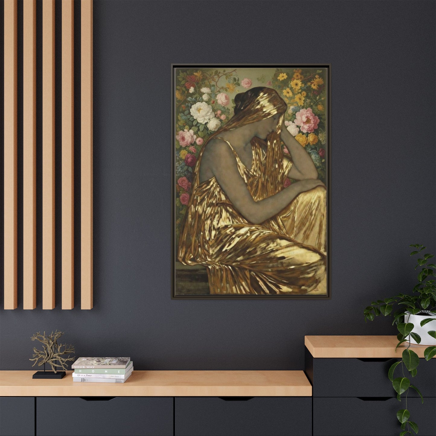 Framed Canvas Art Print — Golden Muse Woman with Floral Background