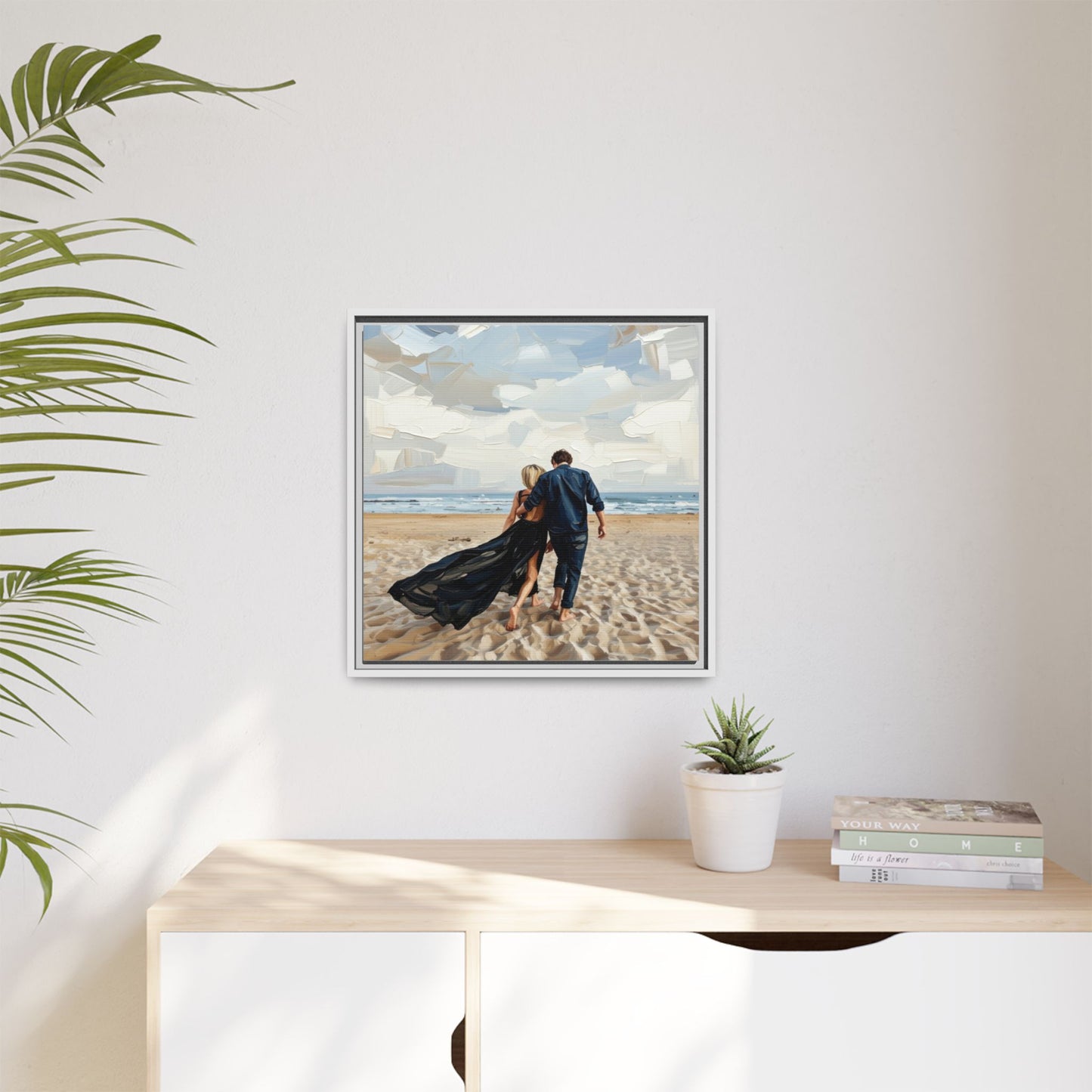 Framed Canvas Wall Art — Romantic Couple Walking on Beach Print