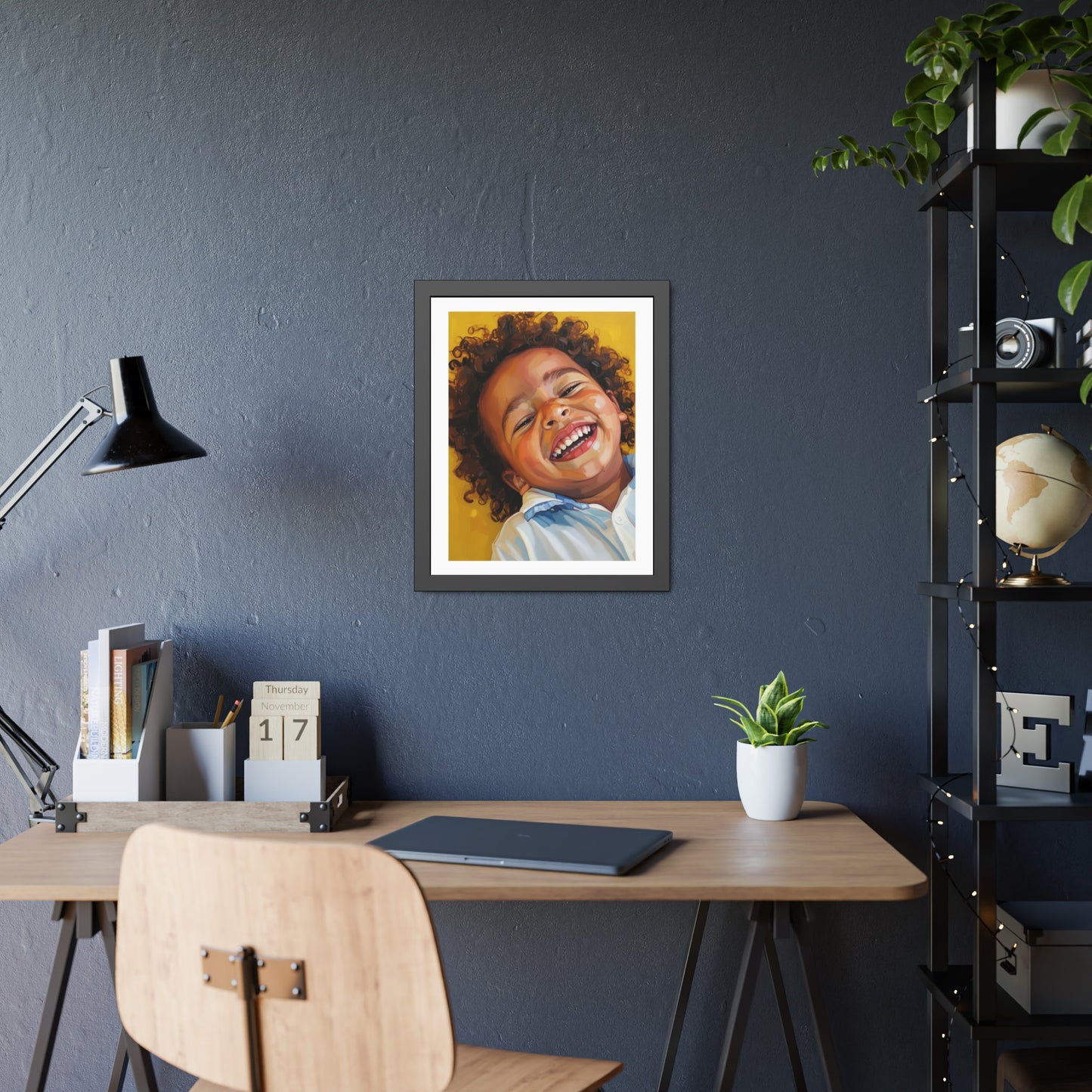 Framed Poster — Joyful Laughing Child Portrait, Colorful Nursery Wall Art