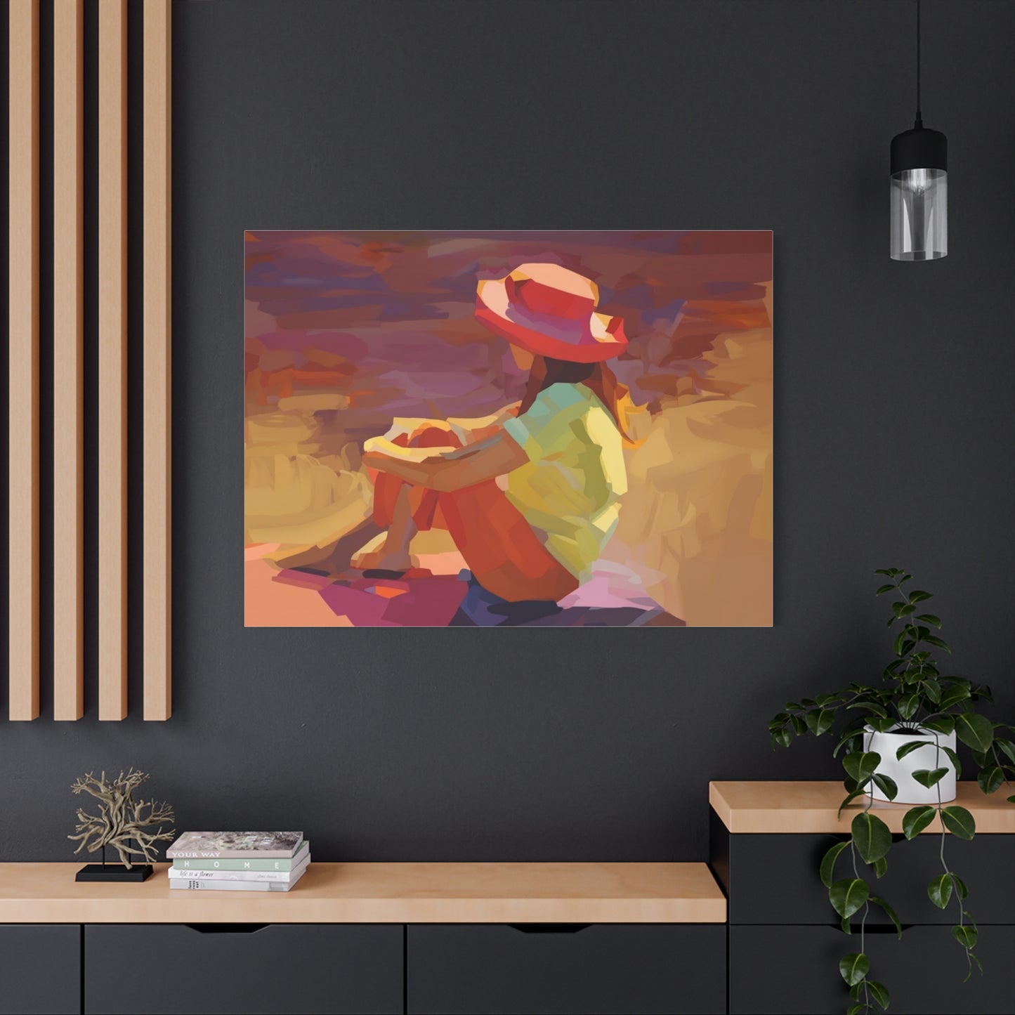 Sunset Daydream Canvas Art — Girl in Hat Matte Stretched Wall Art
