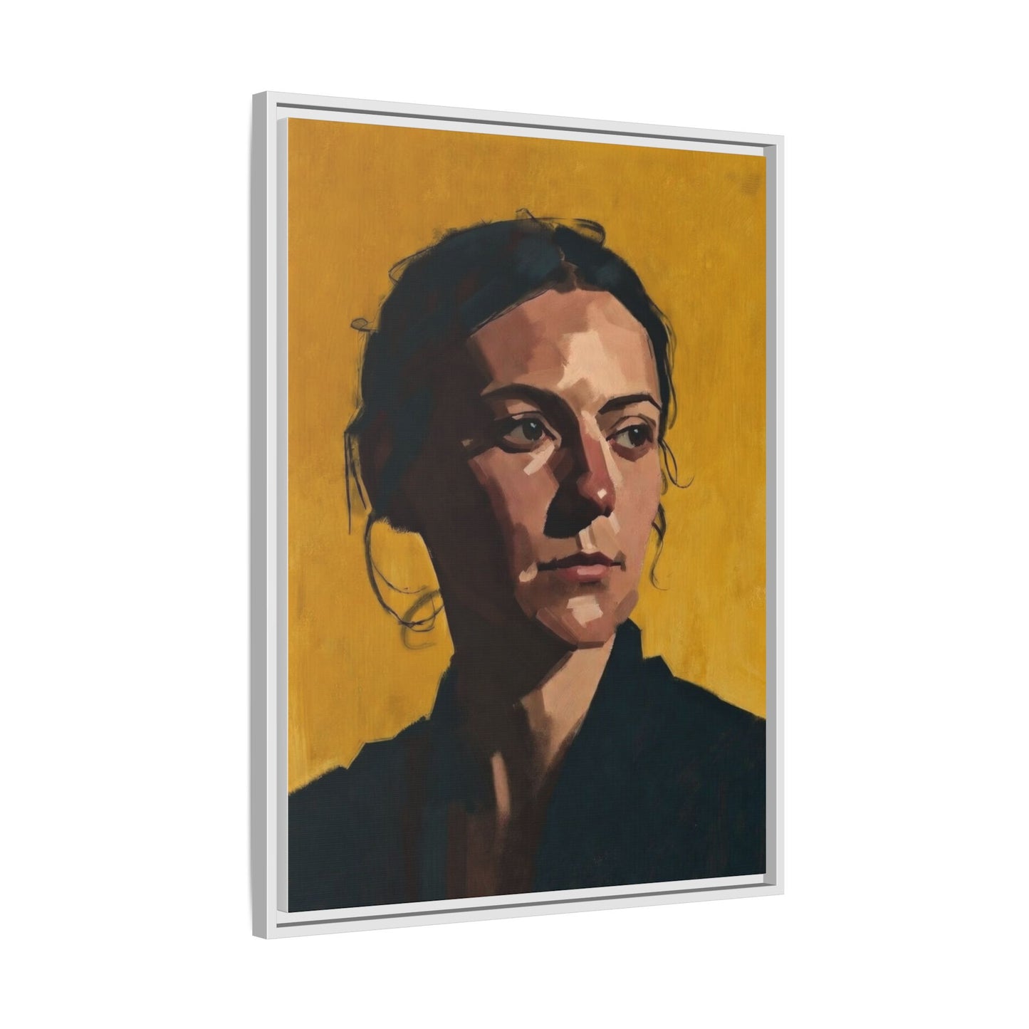 Framed Matte Canvas Portrait Art — Moody Woman on Mustard Background